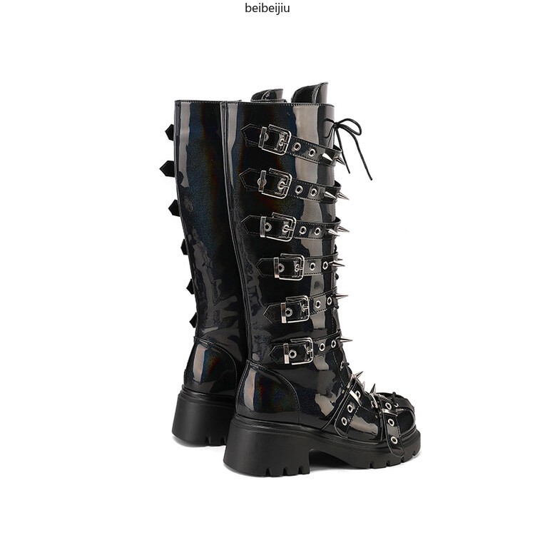 Women’s Punk Cosplay Mid Calf Boots Spike Studded Mid Block Heel Buckle Shoes Sz