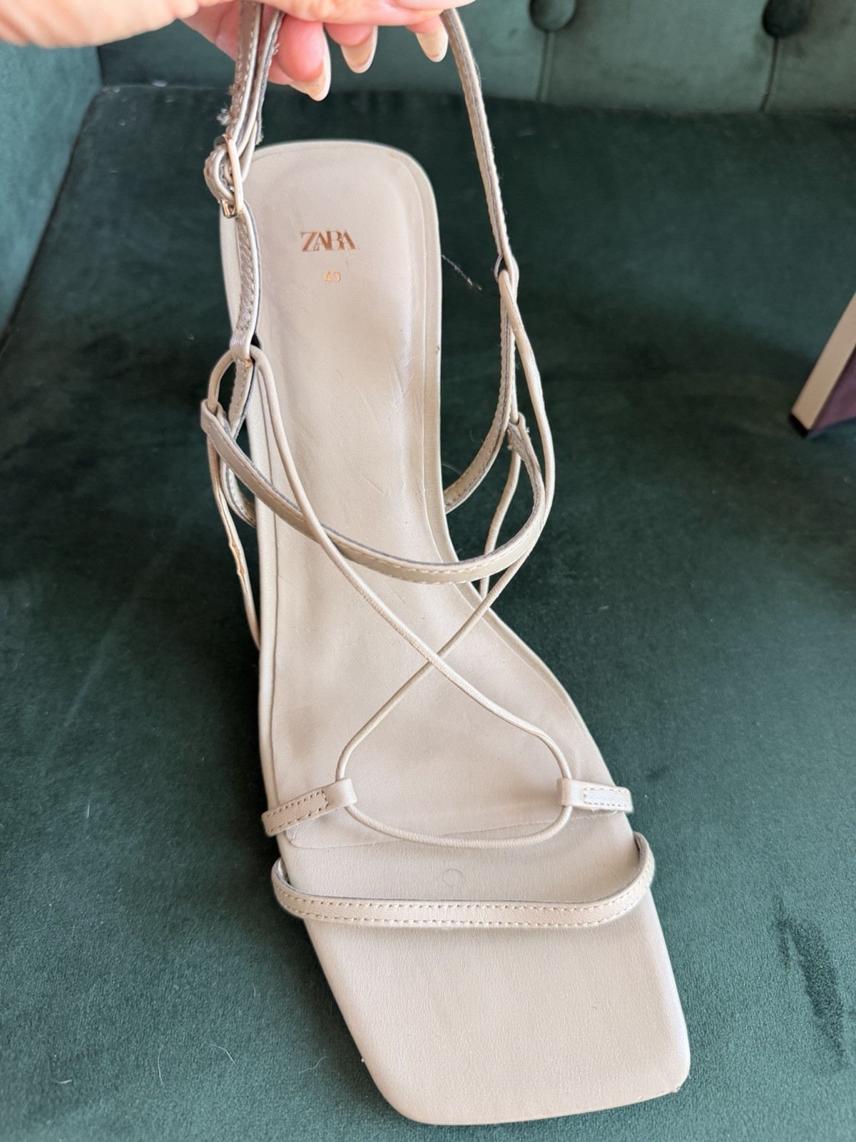 Zara Women Gray Faux Leather Strappy Ankle Strap Square Toe Block Heel EU 40