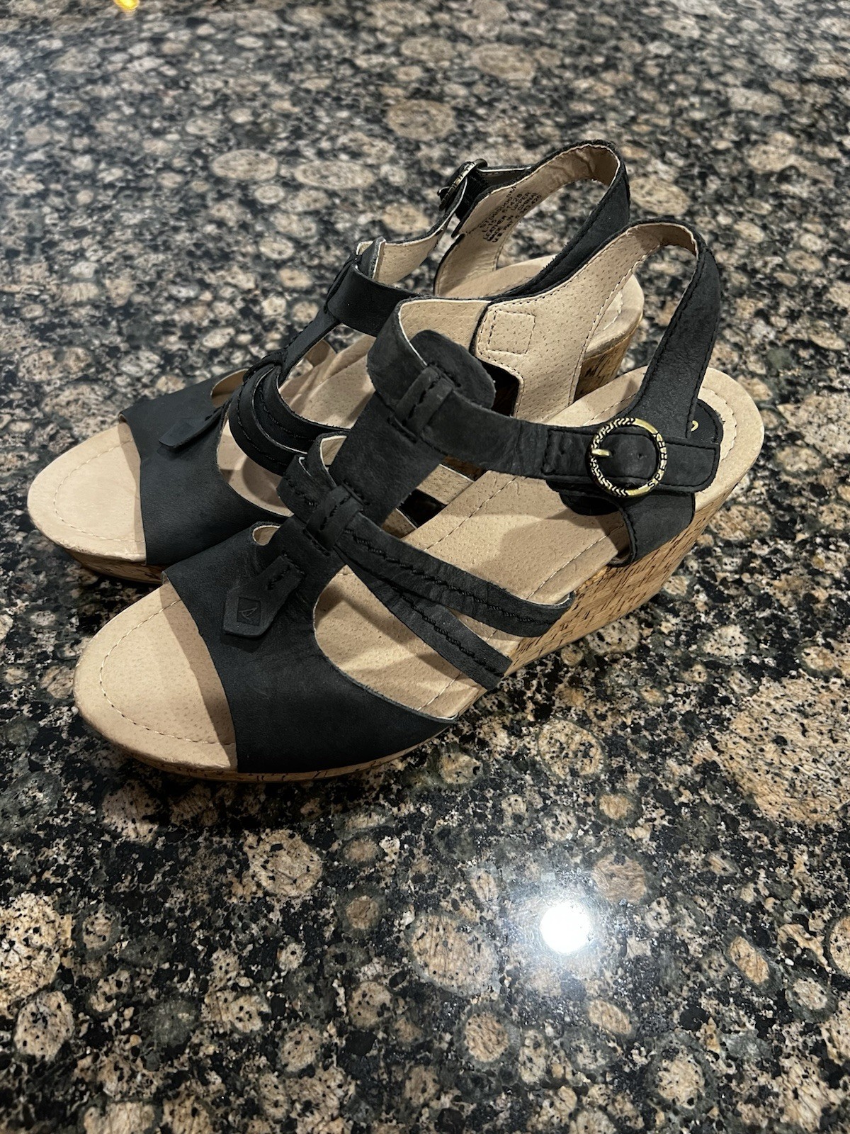 Sperry Top-Sider Women’s Strappy Wedge Sandals Leather Buckle Black/Beige 8M