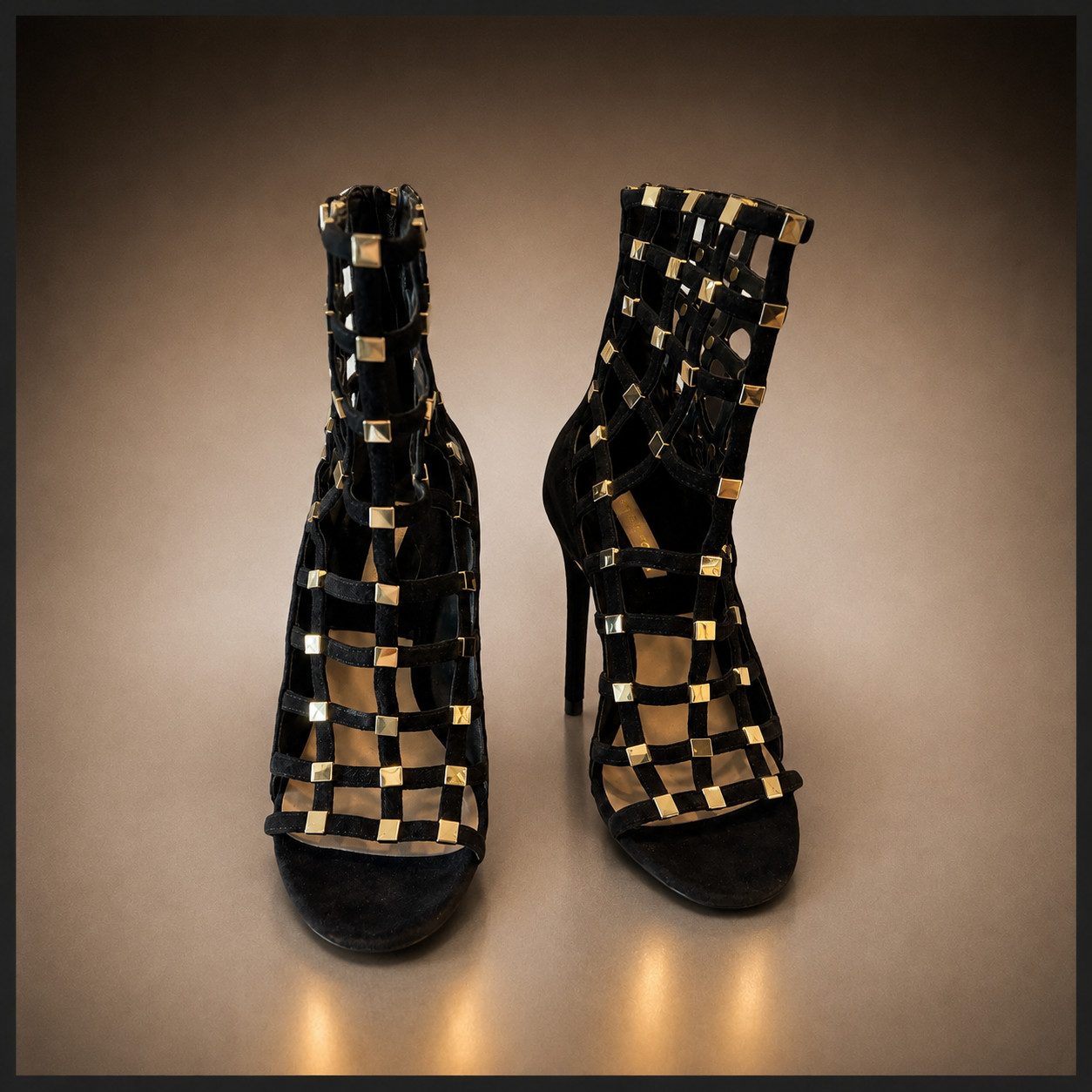 New! Michael Kors Black Suede Strappy Studded Stiletto Heels Gold-SZ 8 $249