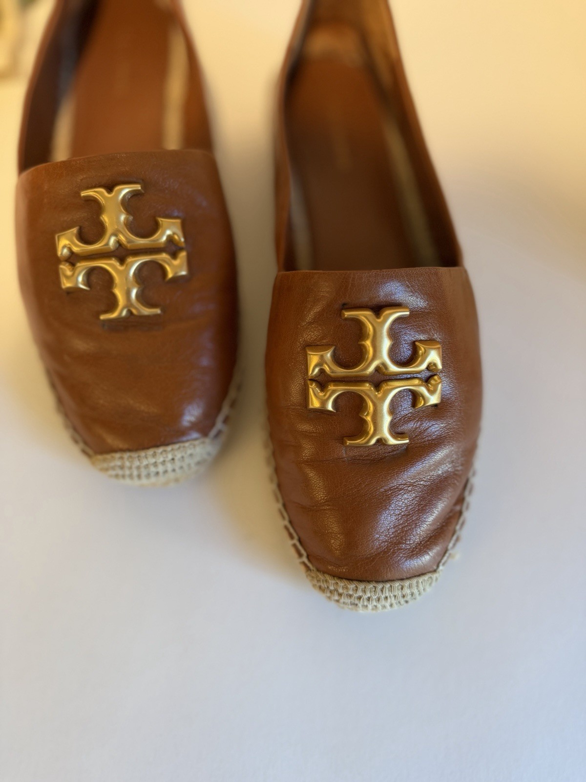 Tory Burch Eleanor Calf Leather Espadrille Flats Bourbon Gold Size 10 Box