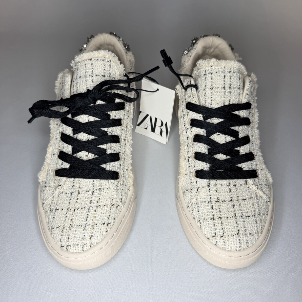 Zara Tweed Lace-Up Low Top Sneakers Ivory/Black/Silver Rhinestone 5812/110