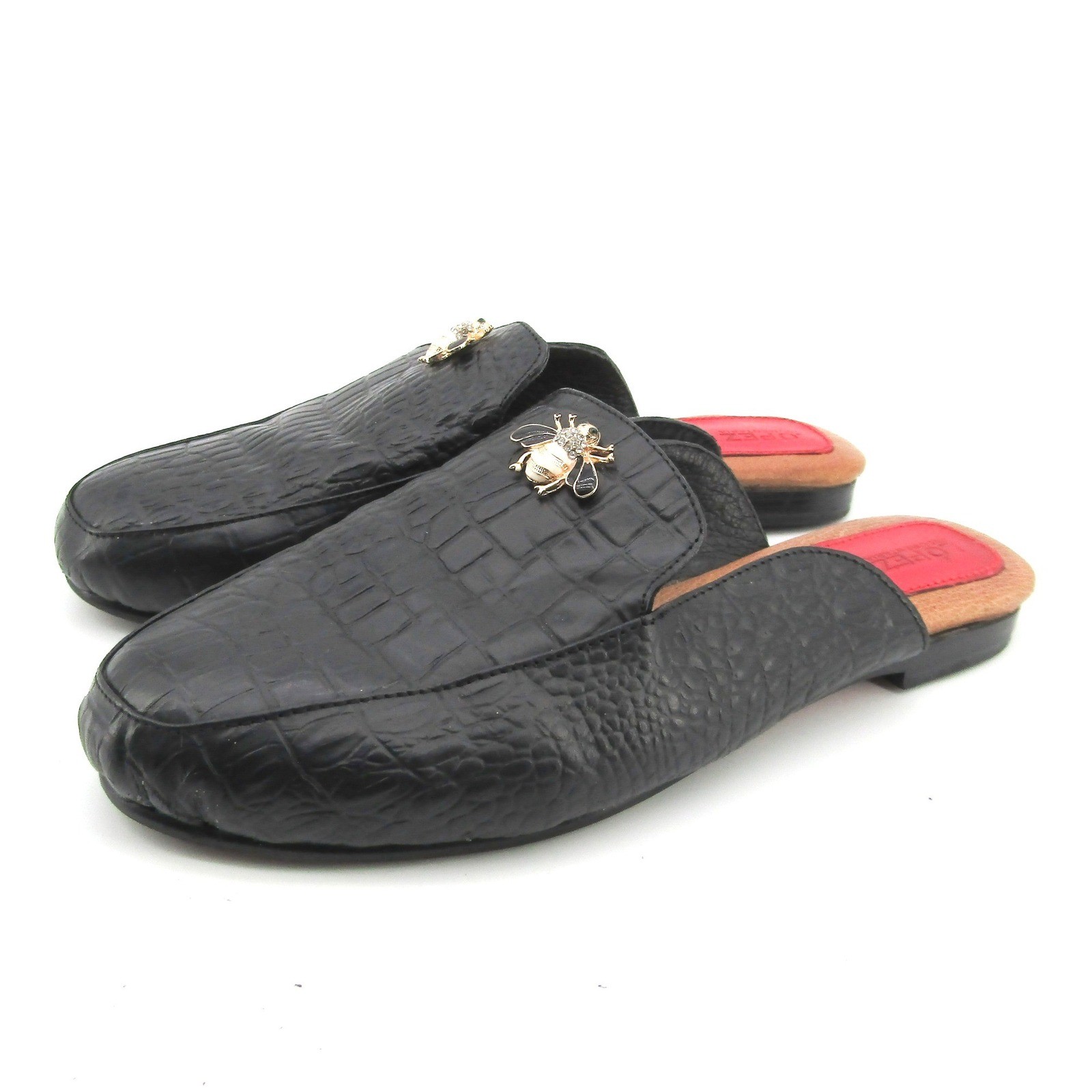 Lopez Indumentaria Black Croc Embossed Bee Embellished Mules Women Size 41