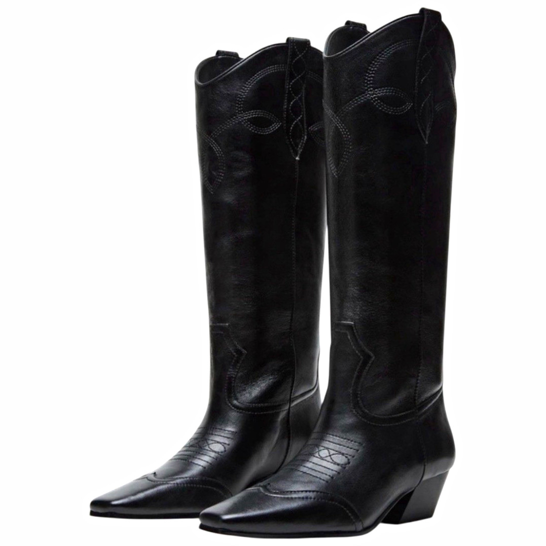 Steve Madden Dollie Black Leather Embroidered Western Pull-On Knee Boots 8.5M
