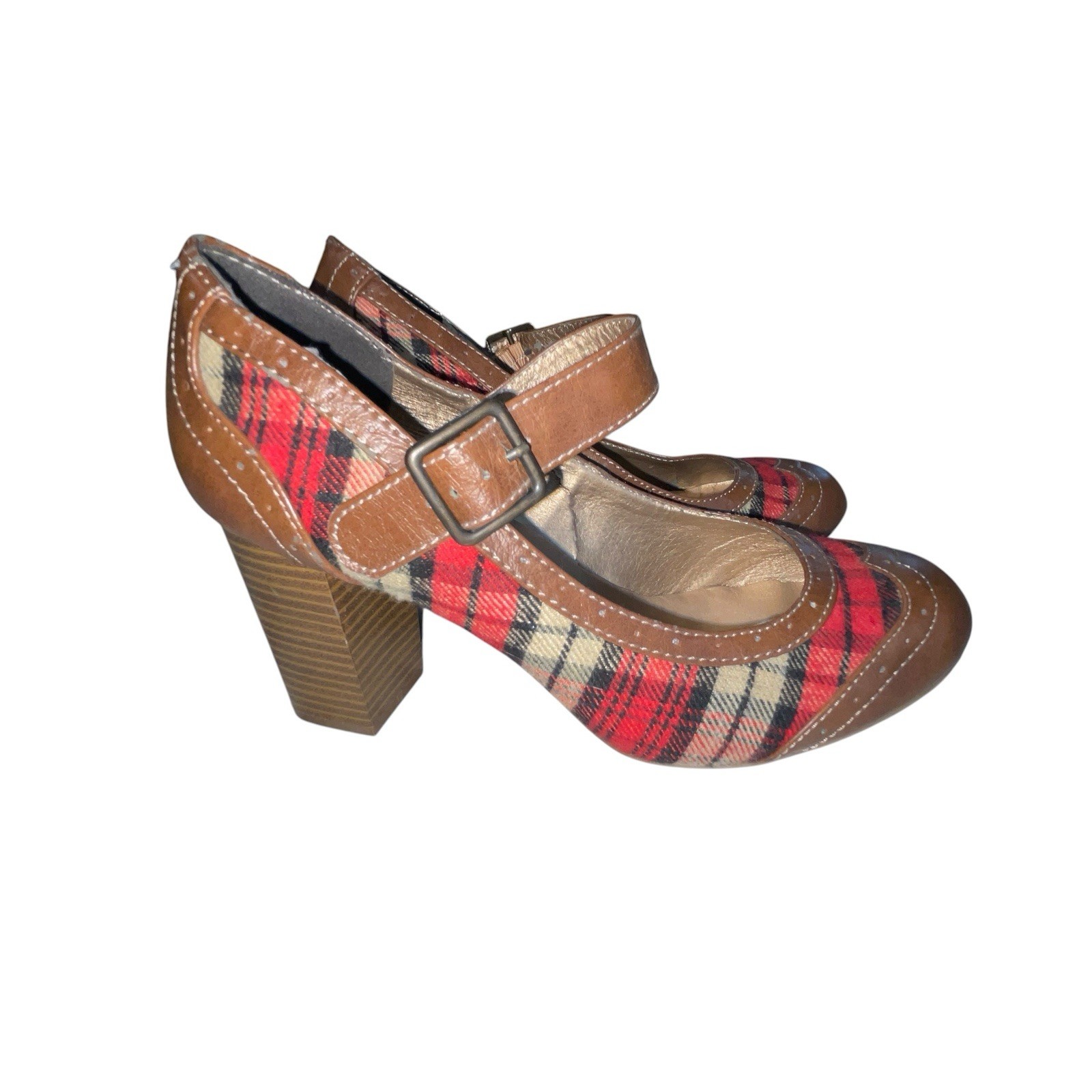 MUDD Red Brown Plaid Chunky Block Heels Y2K Mary Jane’s Womens Sz 9.5