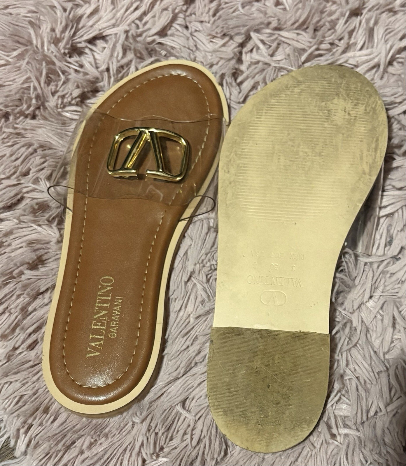 Valentino Garavani VLogo Flat Slide Sandals Brown/Clear/Gold US 6