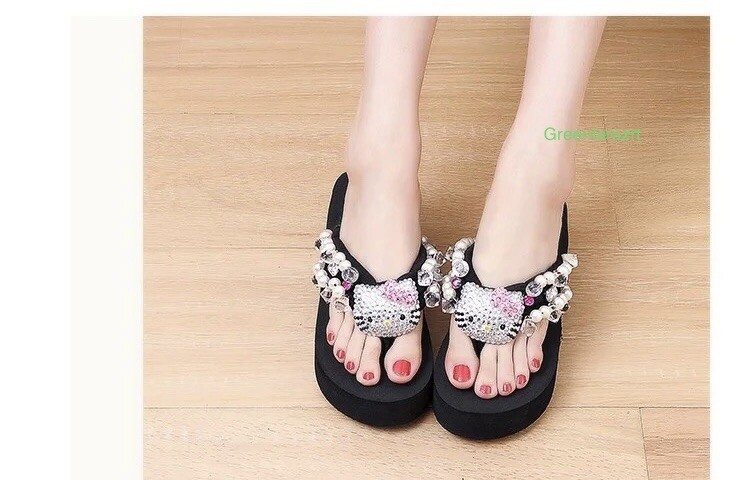 Hello Kitty Flip Flops Women Platform Shoes Summer Fashion High Heels Slipper