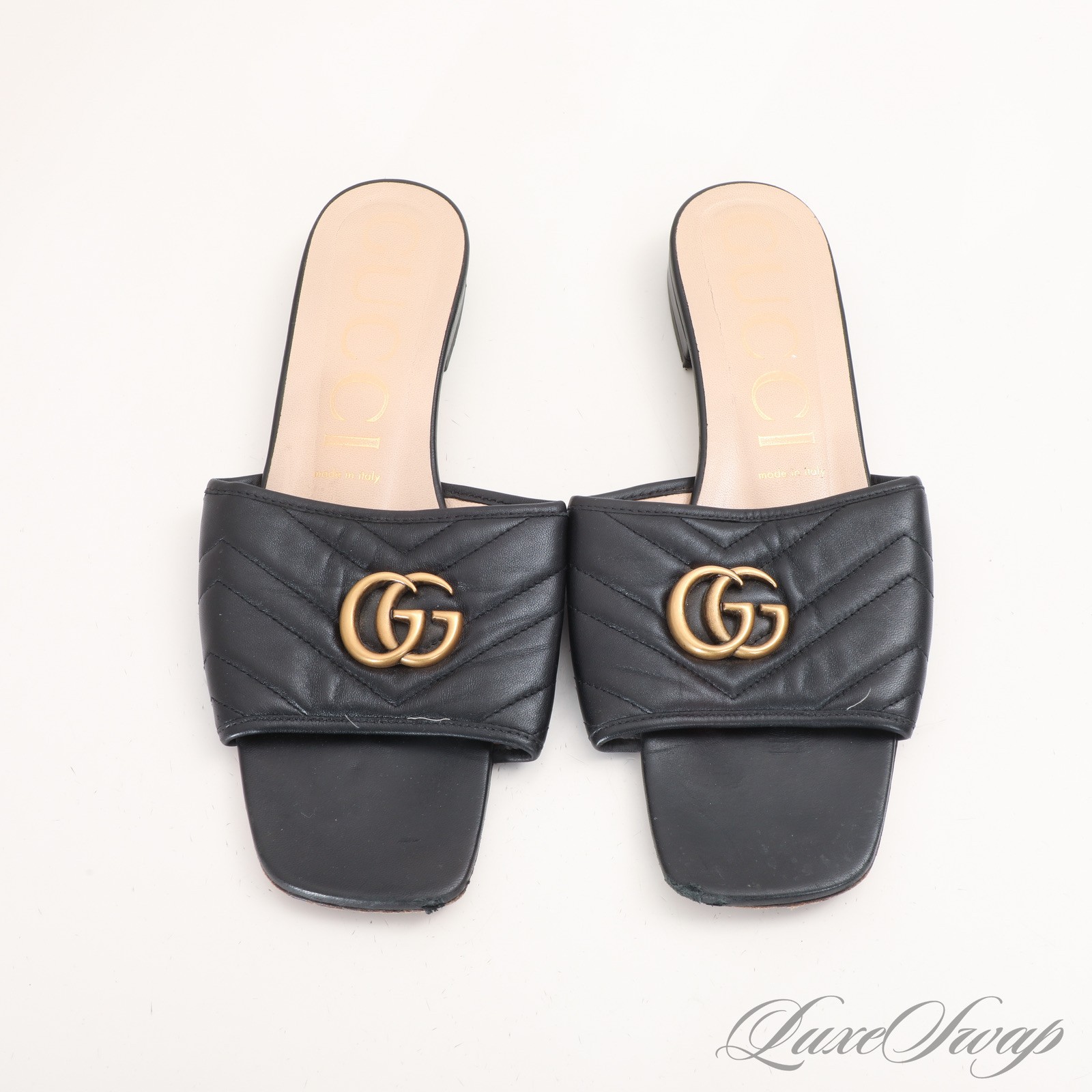 Gucci Made in Italy 646169 Double Decorated Marmont G Leather Flat Sandals 41