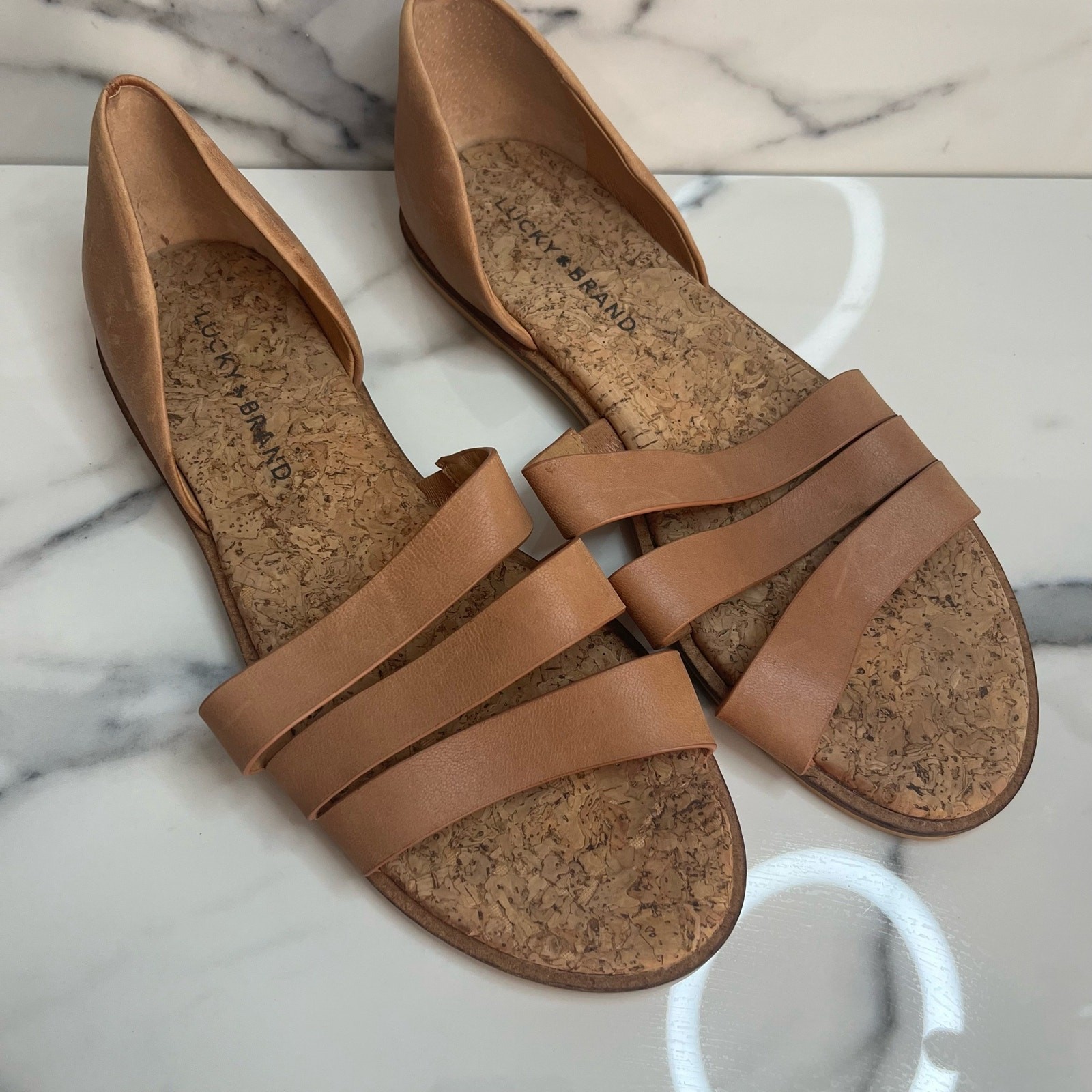 Lucky Brand Women’s Brown Leather Cork Bed Farveya Sandals Sz 8.5 Minimalist