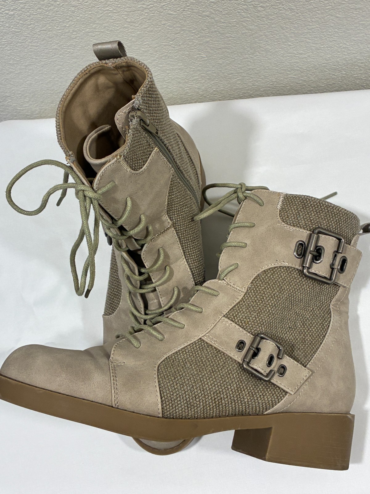 ROCKET DOG Pearly Tan Faux Suede/Textile Lace Up Side Zip Ankle Boot Women 10