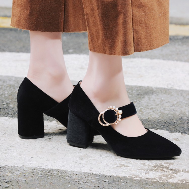 Retro Women’s Velvet Lolita Mary Janes Pointed Toe Block Heels Pump Formal Shoes