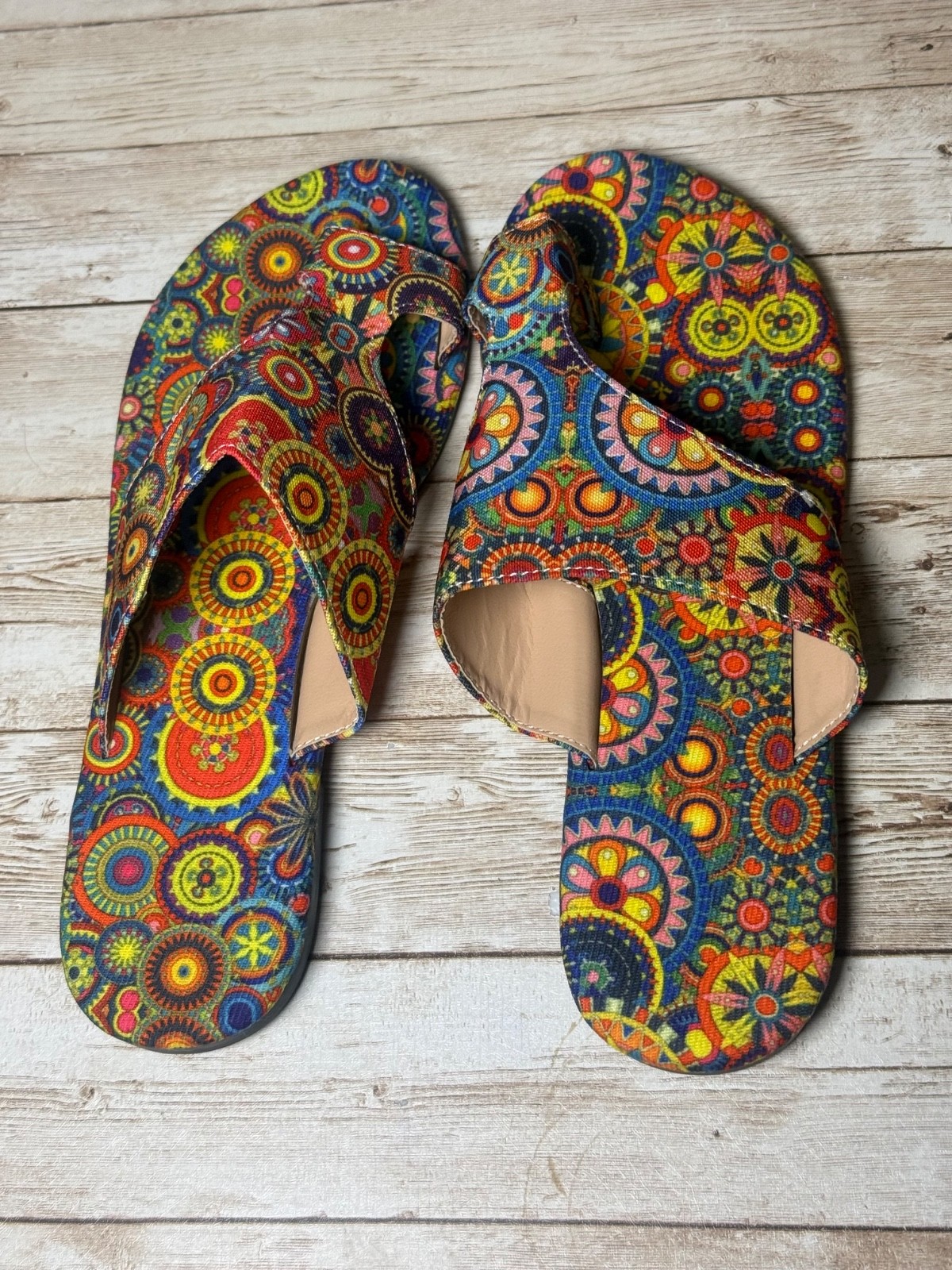 BOHO HIPPIE MANDALA PRINTED FABRIC SLIDE SANDALS WITH TOE LOOP Choose Size