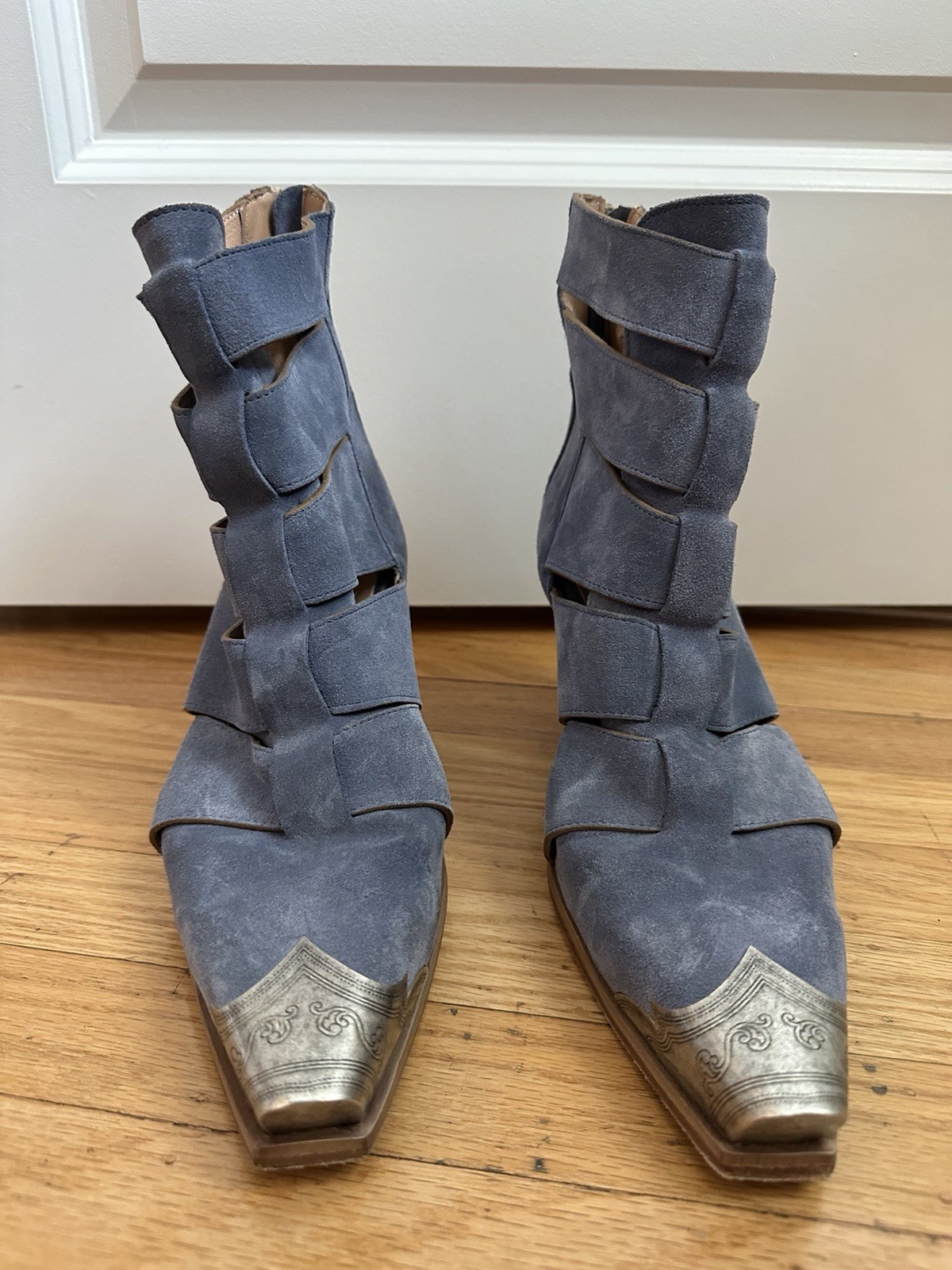 Free People Brayden Western Blue Suede Cutout Heeled Ankle Boots EUC Size 10