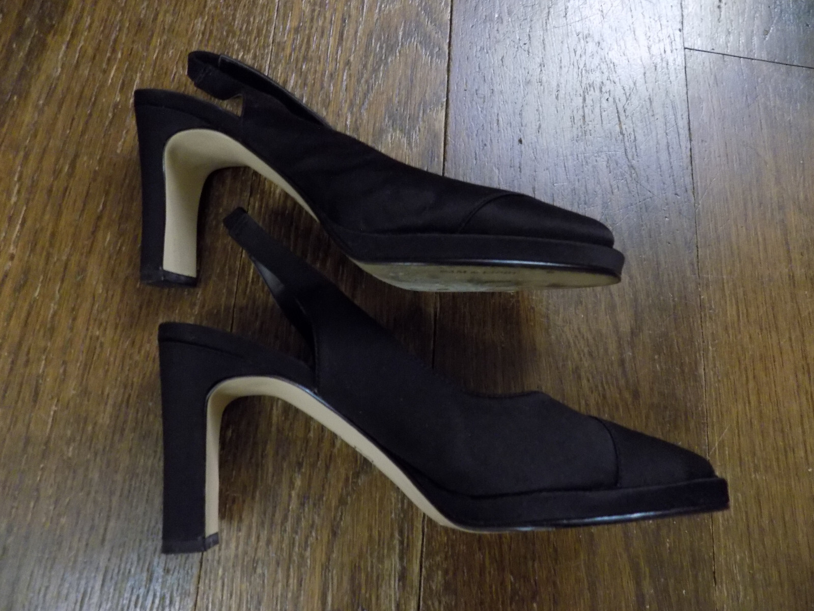 Sam & Libby Darla Black Satin Classy Slingback 3.25″ Heels Open Peep Toe 7.5 EUC