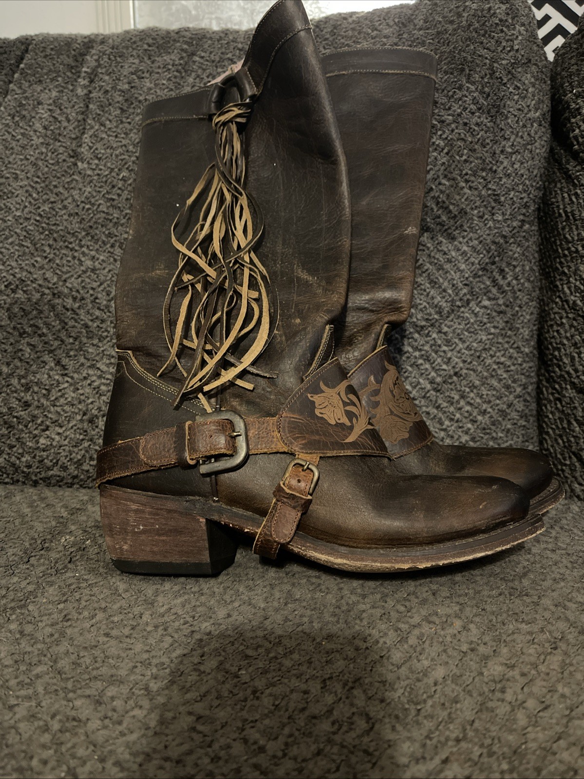 Junk Gypsy By Lane Knee High Cowboy Boots Size 7.5 Tan Leather Side Fringe