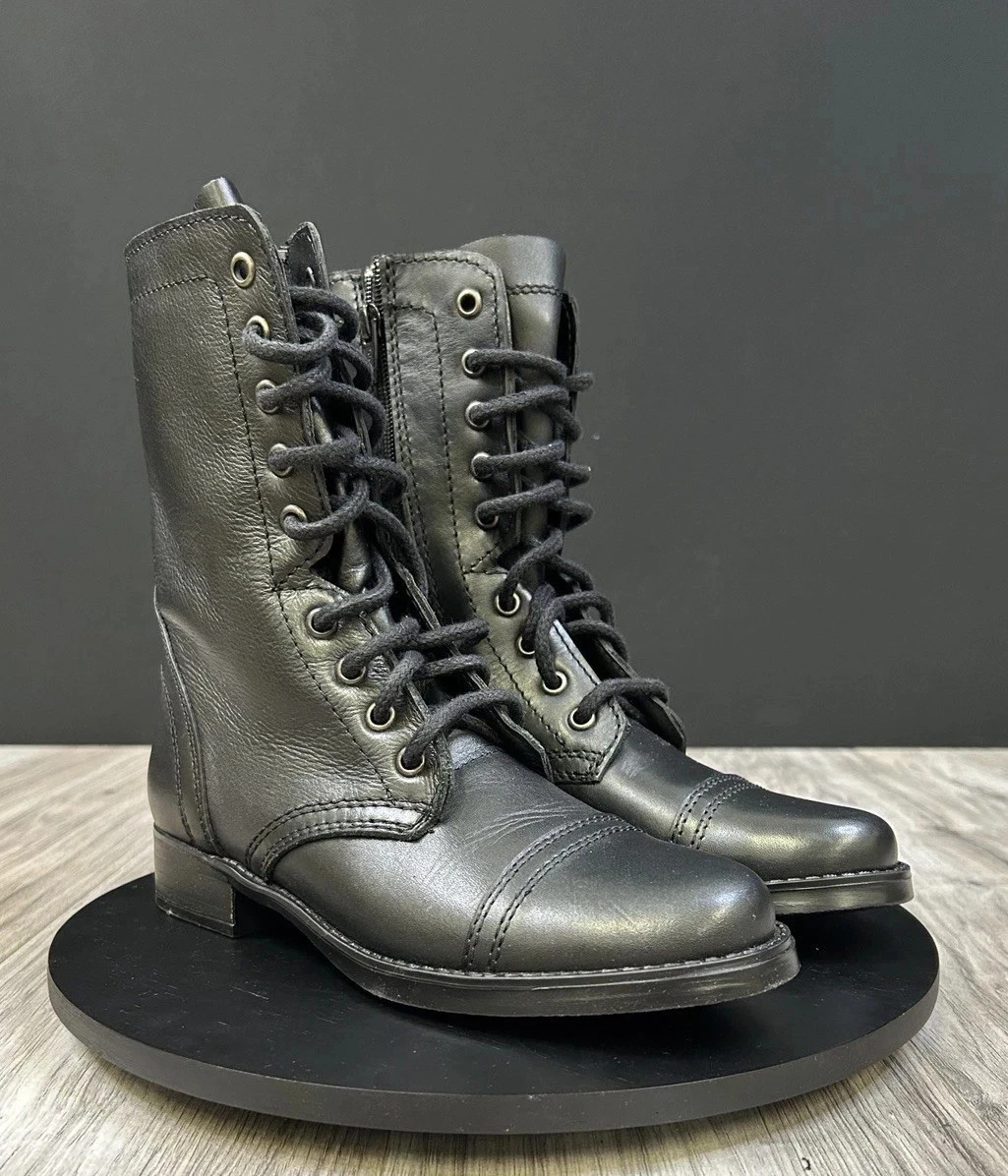 Steve Madden Troopa Combat Boots Black Leather Lace Up Womens Size 6.5 NEW