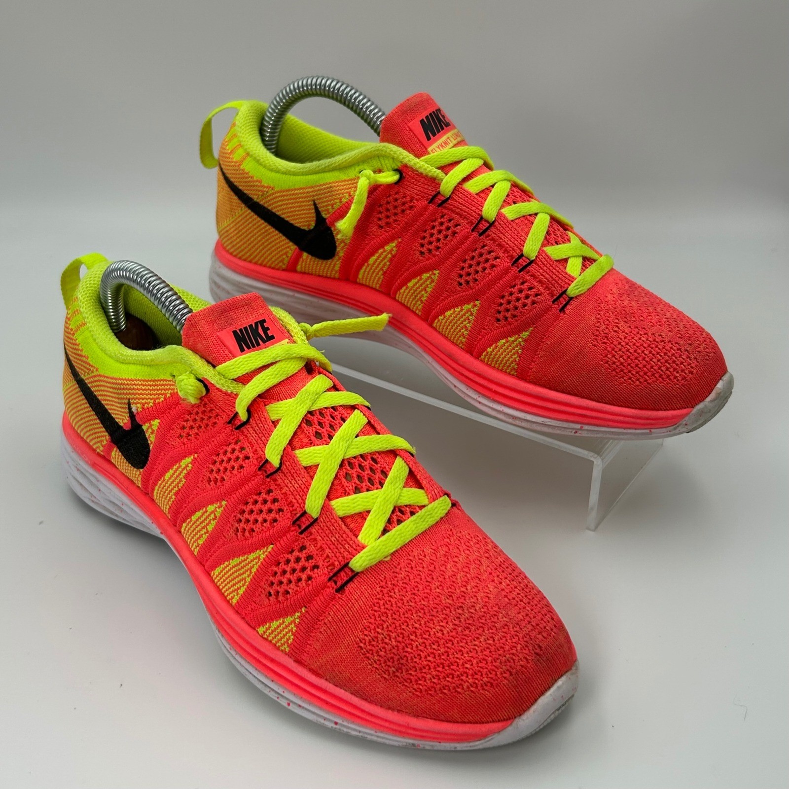 Nike Flyknit Lunar 2 Neon Orange Yellow Athletic Sneakers 6.5 Lace Up Mint Cond