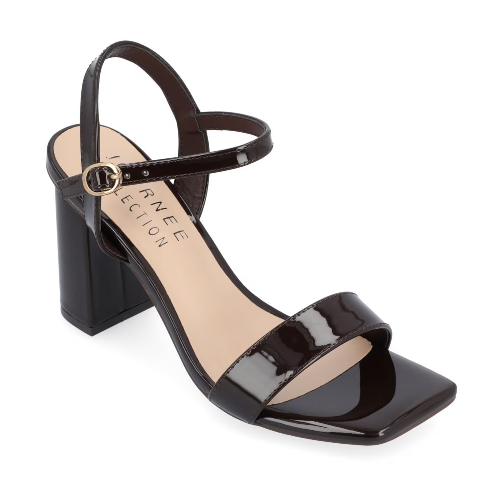 Journee Collection Tivona Square Toe Block Heel Dress Sandals Dark Brown Patent
