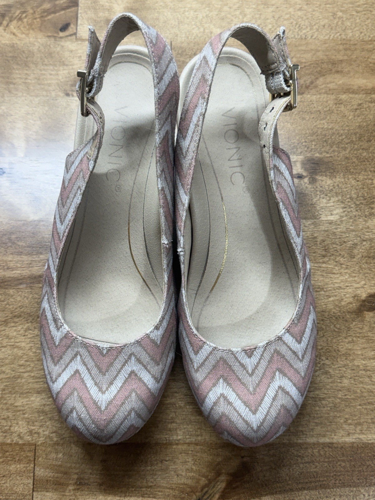 Women’s Vionic Coralina Wedge Slingback Sandals – Dusty Pink/tan Chevron Size 5