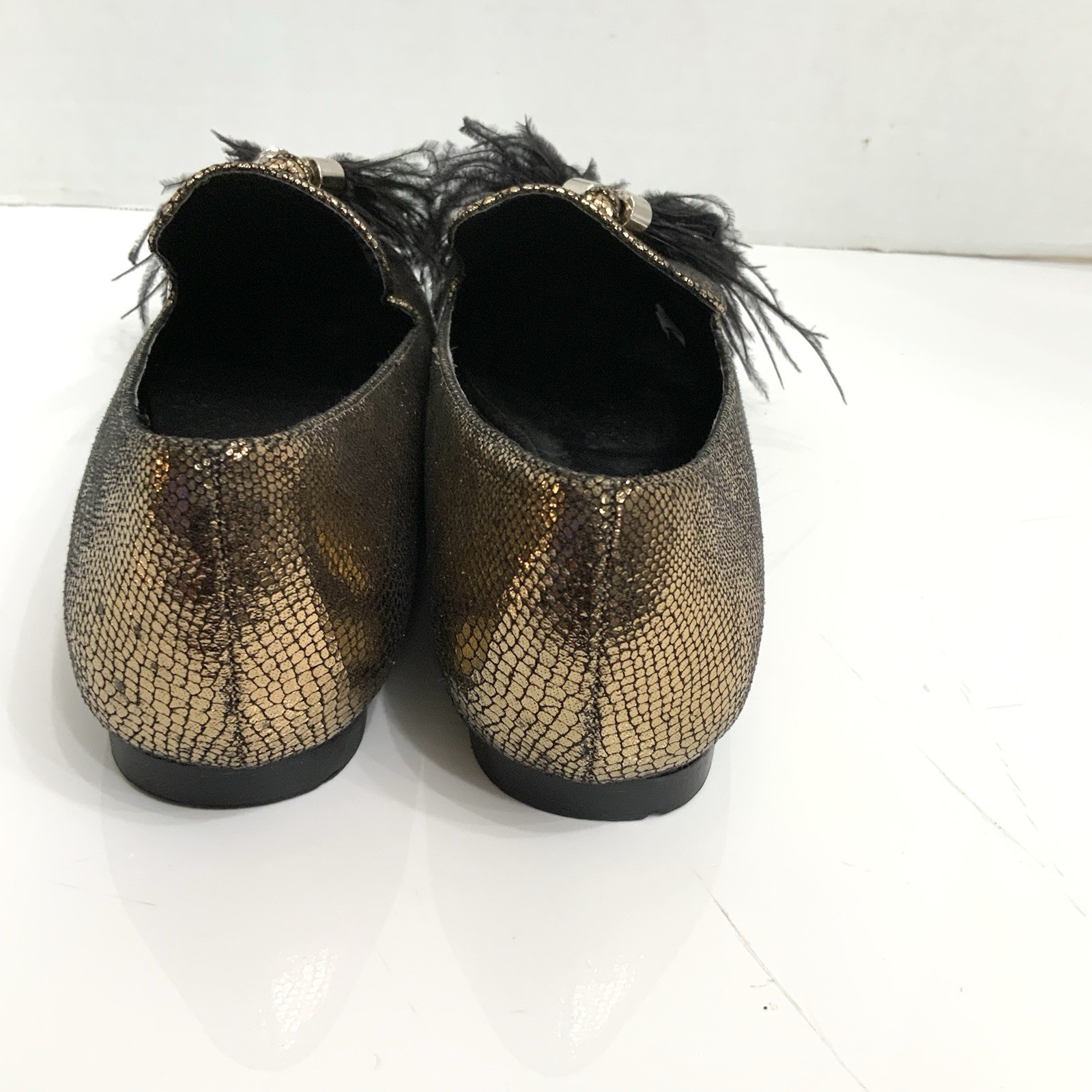 ASHRO Sz 7.5 Gold Bronze Feather Tassel Pointed Toe Metallic Loafers Party
