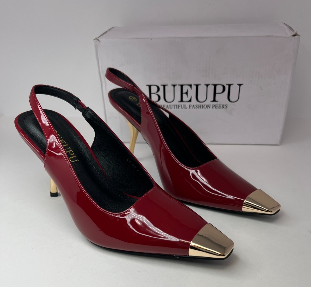 BUEUPU Womens 7.5 Wine Patent Leather Slingback Stiletto Heels Metallic Cap Toe