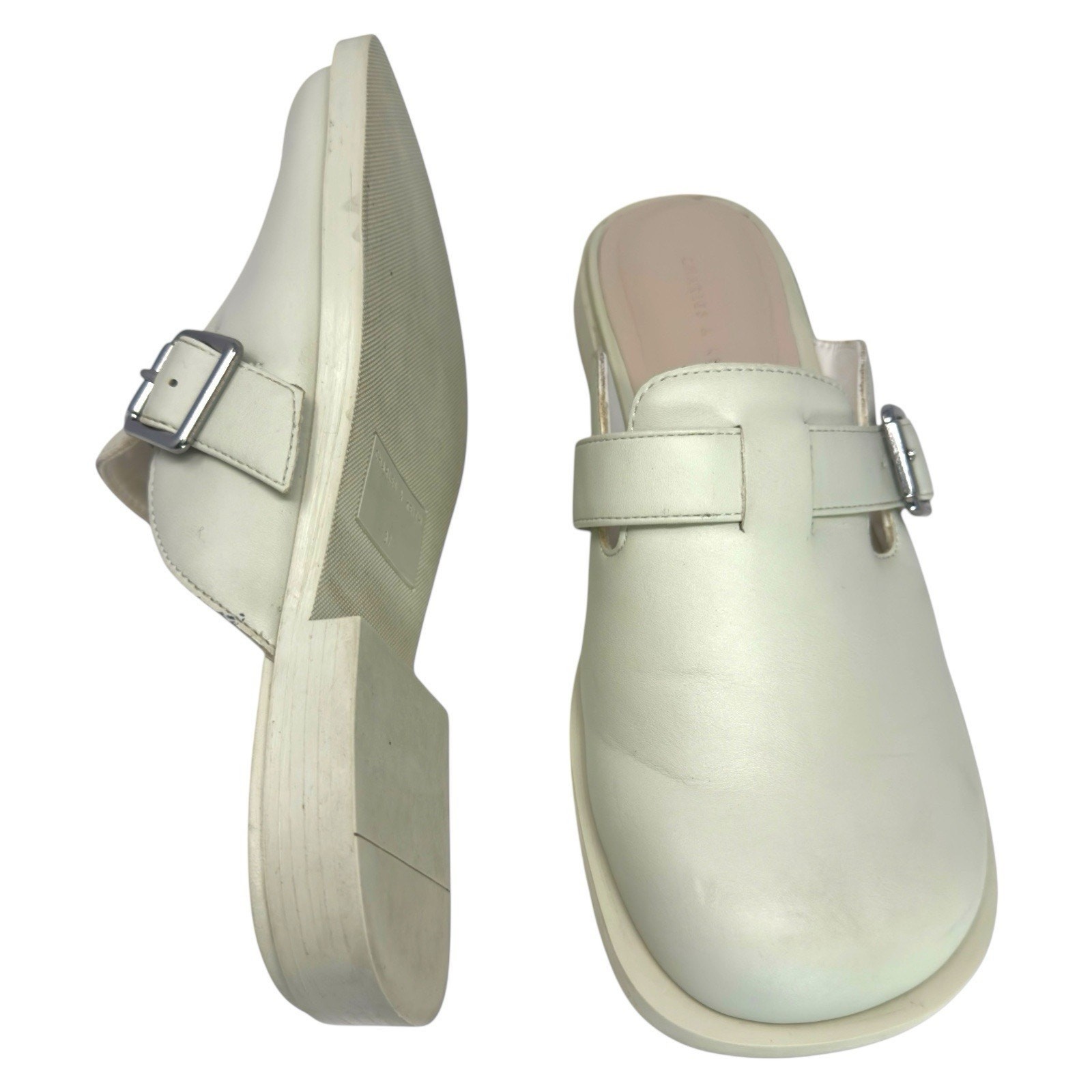 Charles & Keith Leather Mule Clogs Buckle Closed Toe W6 White Casual