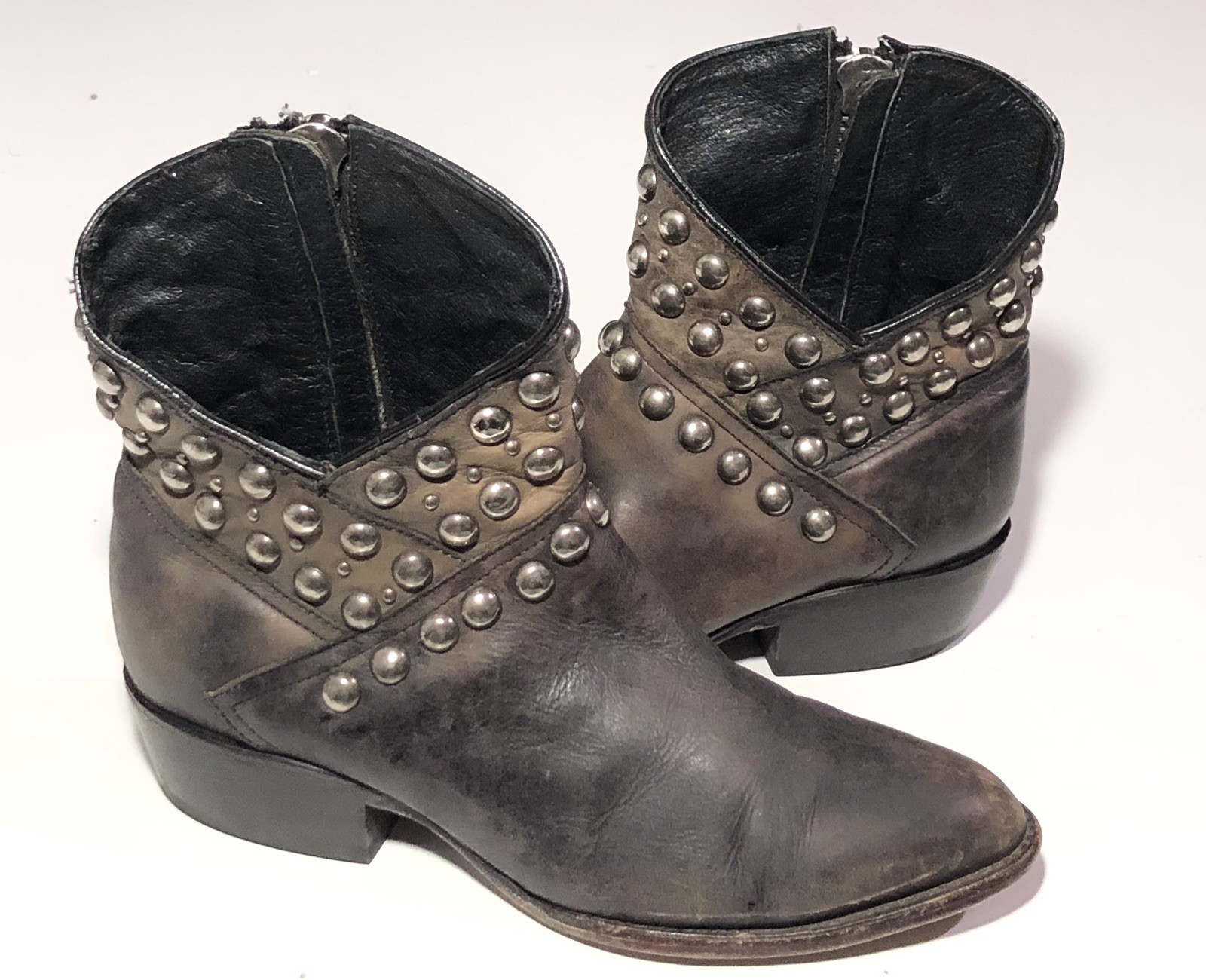 Matisse Studded Ankle Leather Moto Booties 6.5 Taupe Distressed Zip Pointed Toe