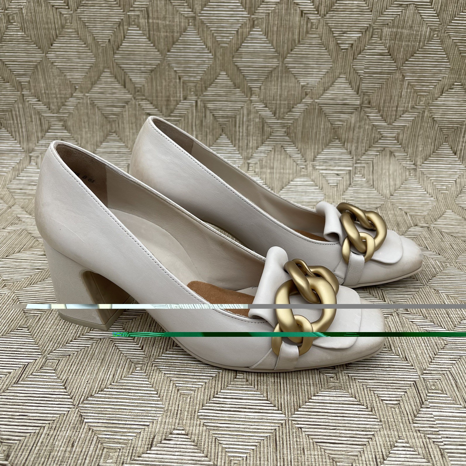$420 Paul Green OZZIE LEATHER PUMP LOAFERS GOLD CHAIN BISCUIT SQUARE 7.5 US