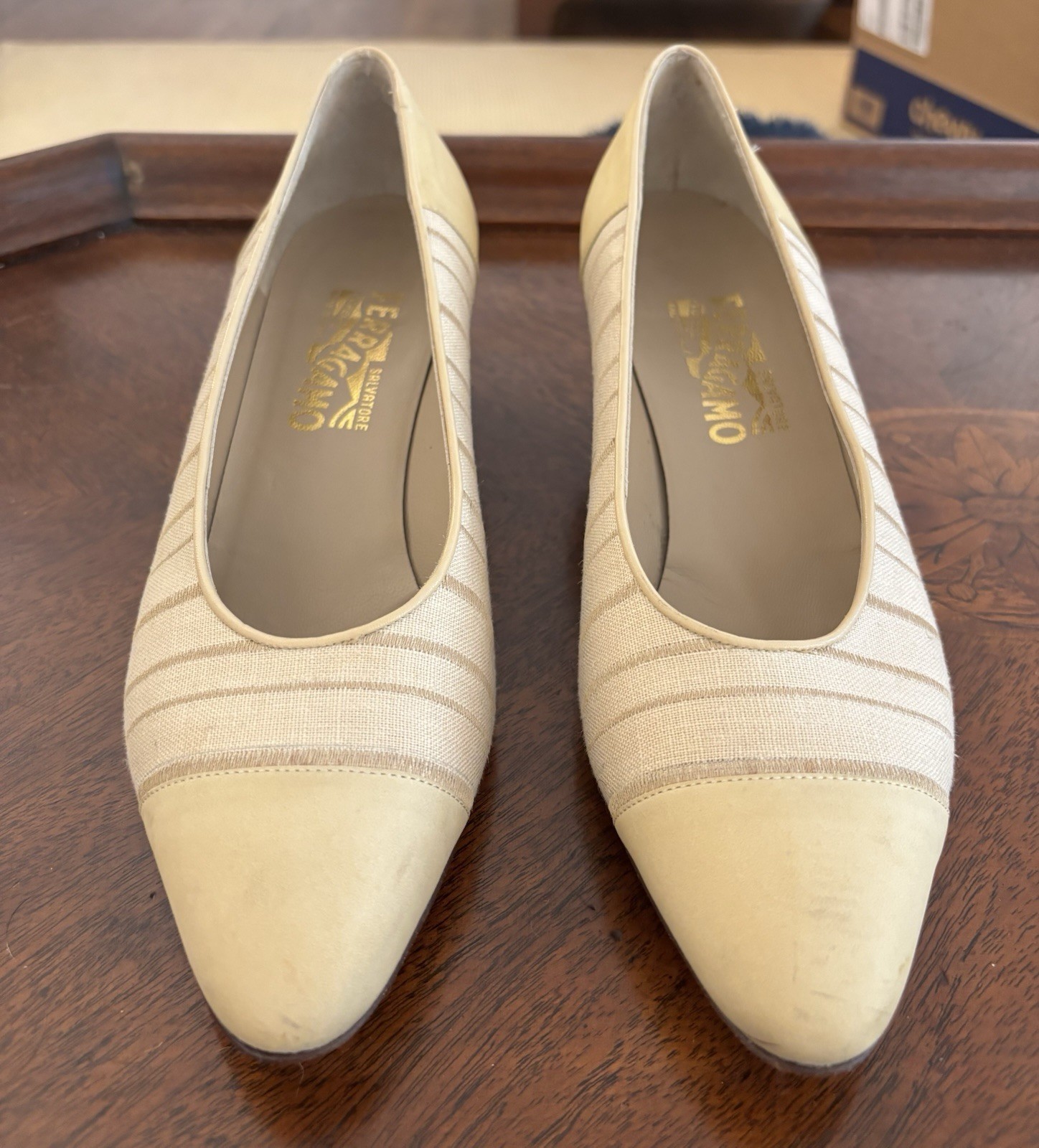 Salvatore Ferragamo Vintage Pumps Cream Beige Striped Canvas Leather Size 10.5 B