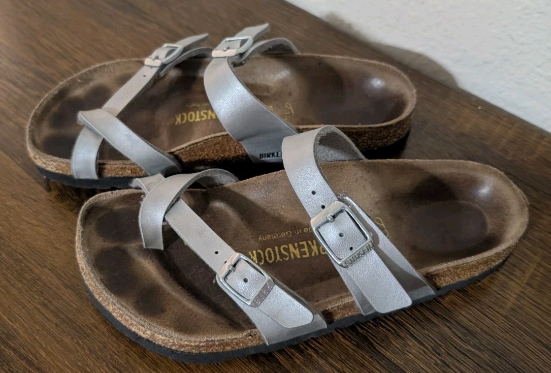 Birkenstock Mayari Sandals Womens 36 Silver Metallic Birko-Flor Toe Loop Slide