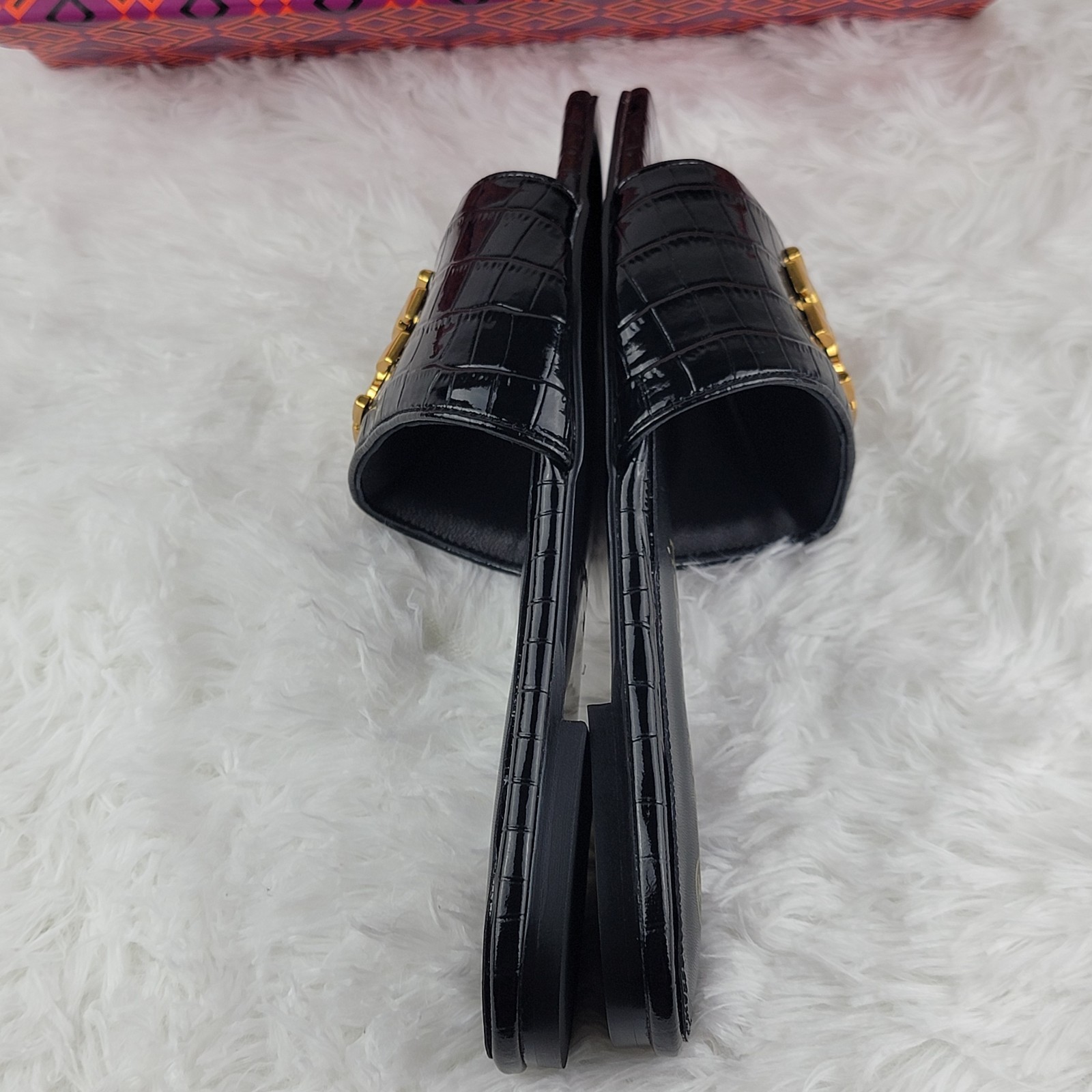 Tory Burch Eleanor Size 8 39 Sandals Black Leather Croc Gold Logo Slides New Box