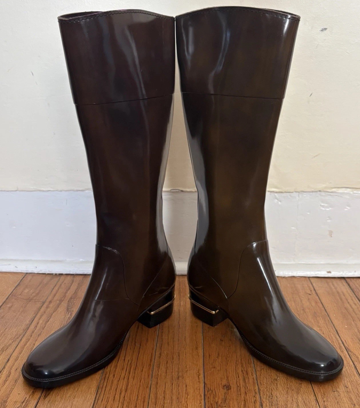 Vintage Golo Brown Rubber Rain Boots Size 5 Waterproof Equestrian Gold Heel Band