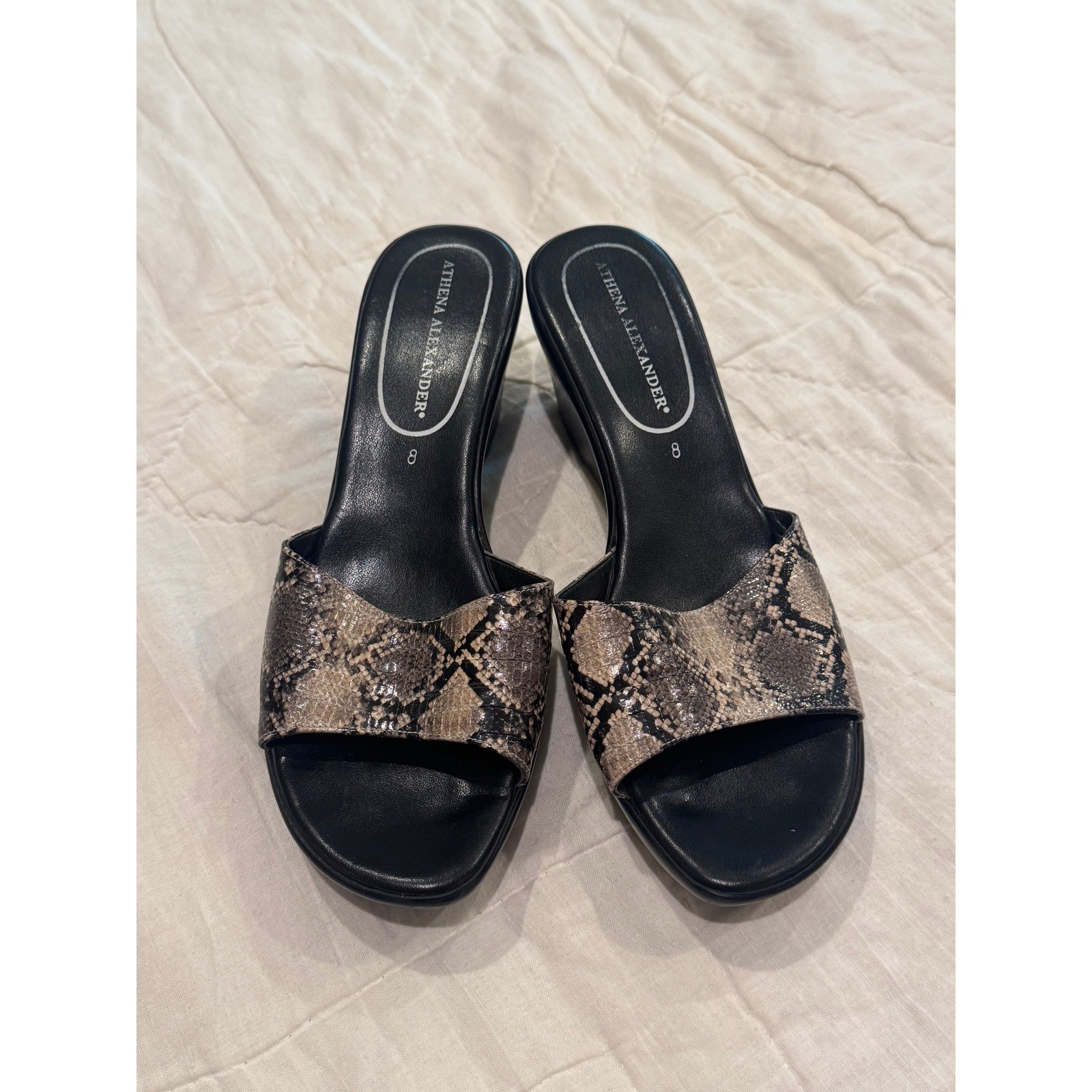 Athena Alexander Womens 8 Black Faux Snakeskin Platform Wedge Slide Sandals