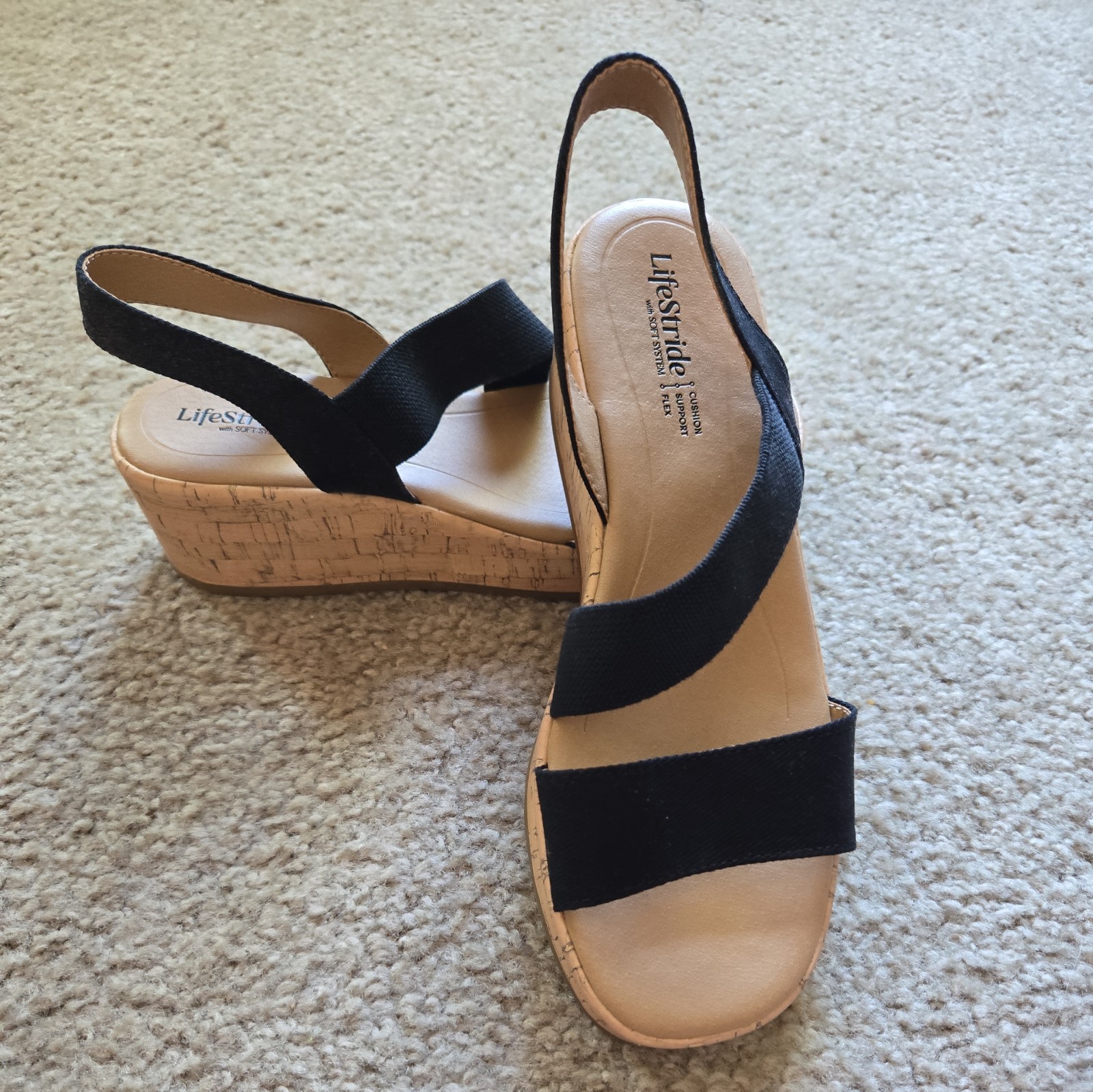 LifeStride Womens Odette Wedge Sandal Black Sz 7.5 Comfy Soft System