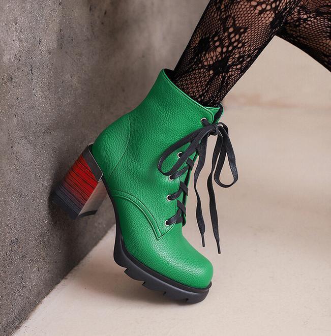 Women’s Faux Leather Ankle Boots Lace Up Shoes Block Heel High Top Loafers Zip
