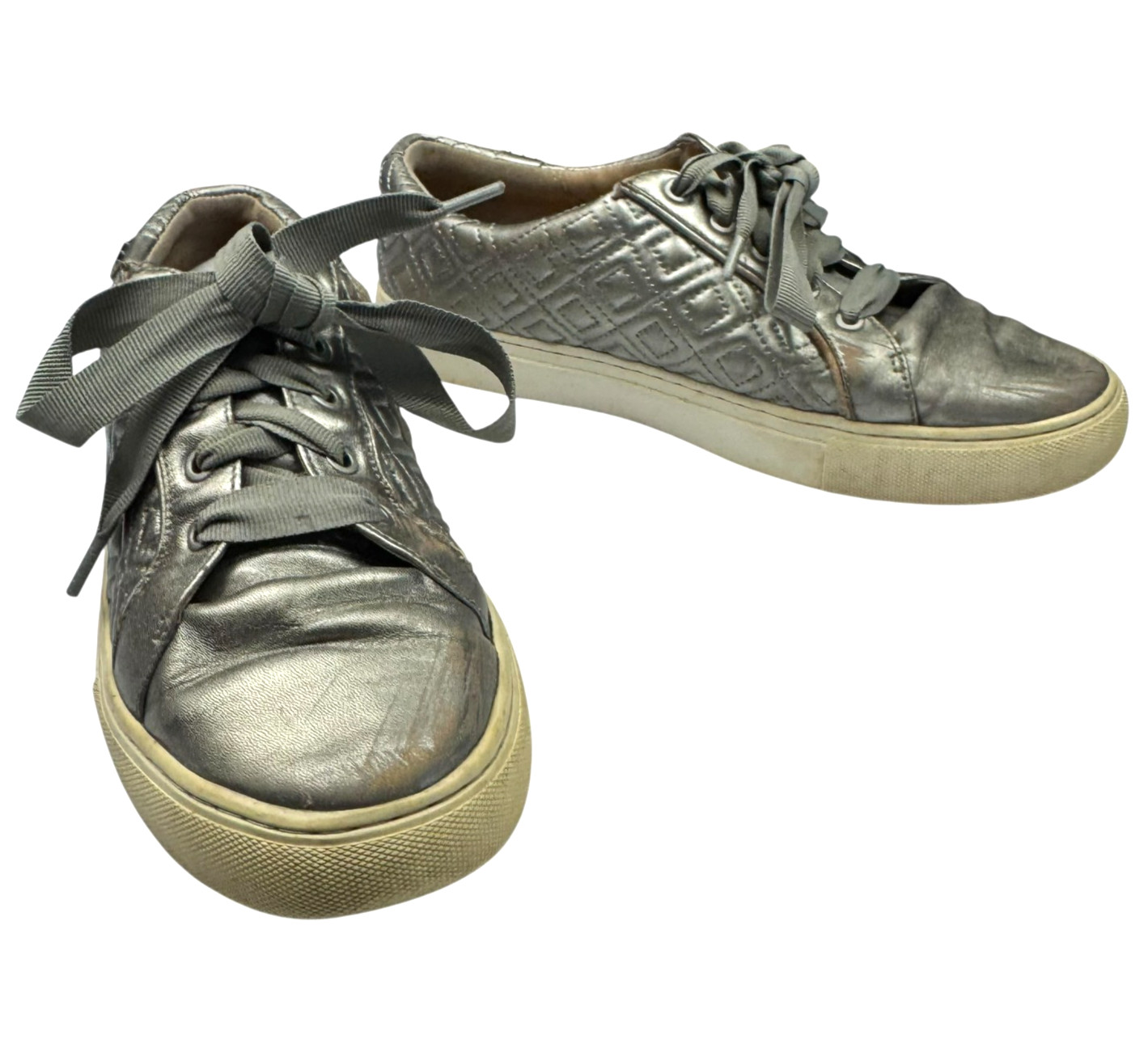 Tory Burch Marion Quilted Lace Up Sneakers Silver Women’s Size 9
