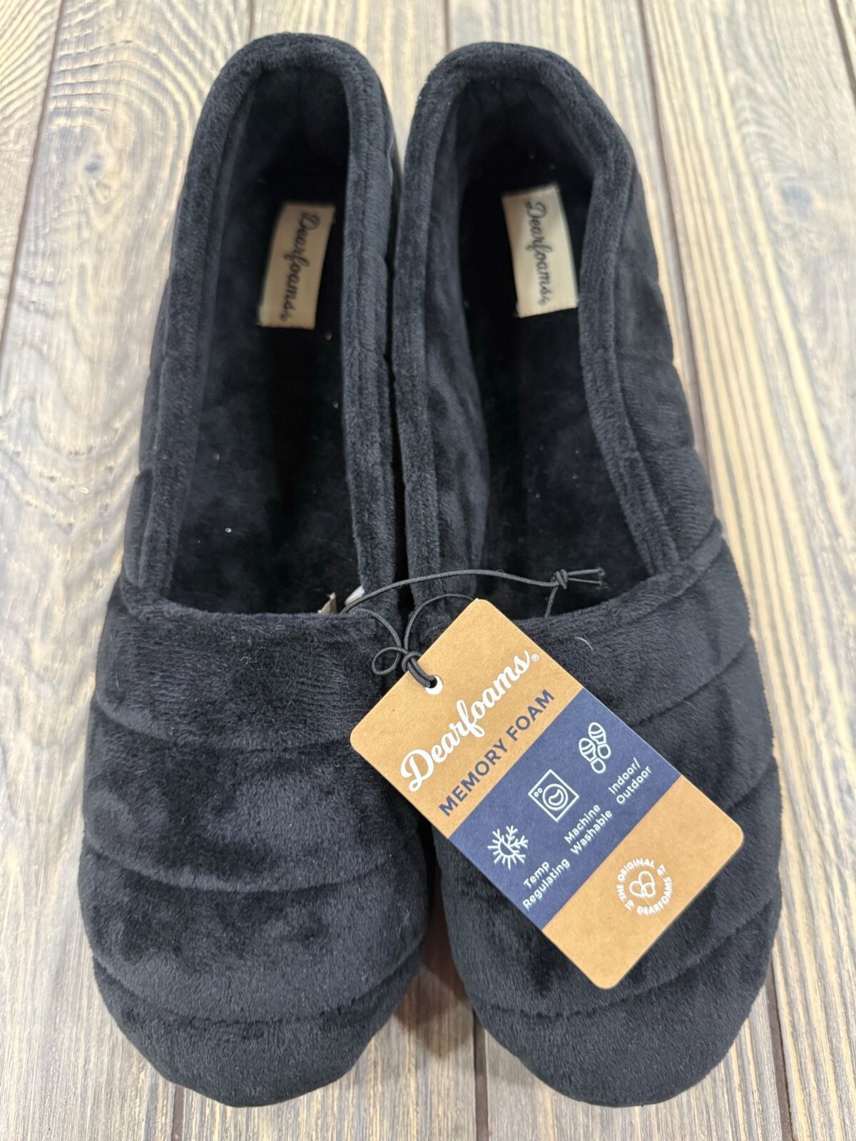 Dearfoams Quilted Velour Memory Foam Slippers XL (11-12) Black Closed Back Indoo
