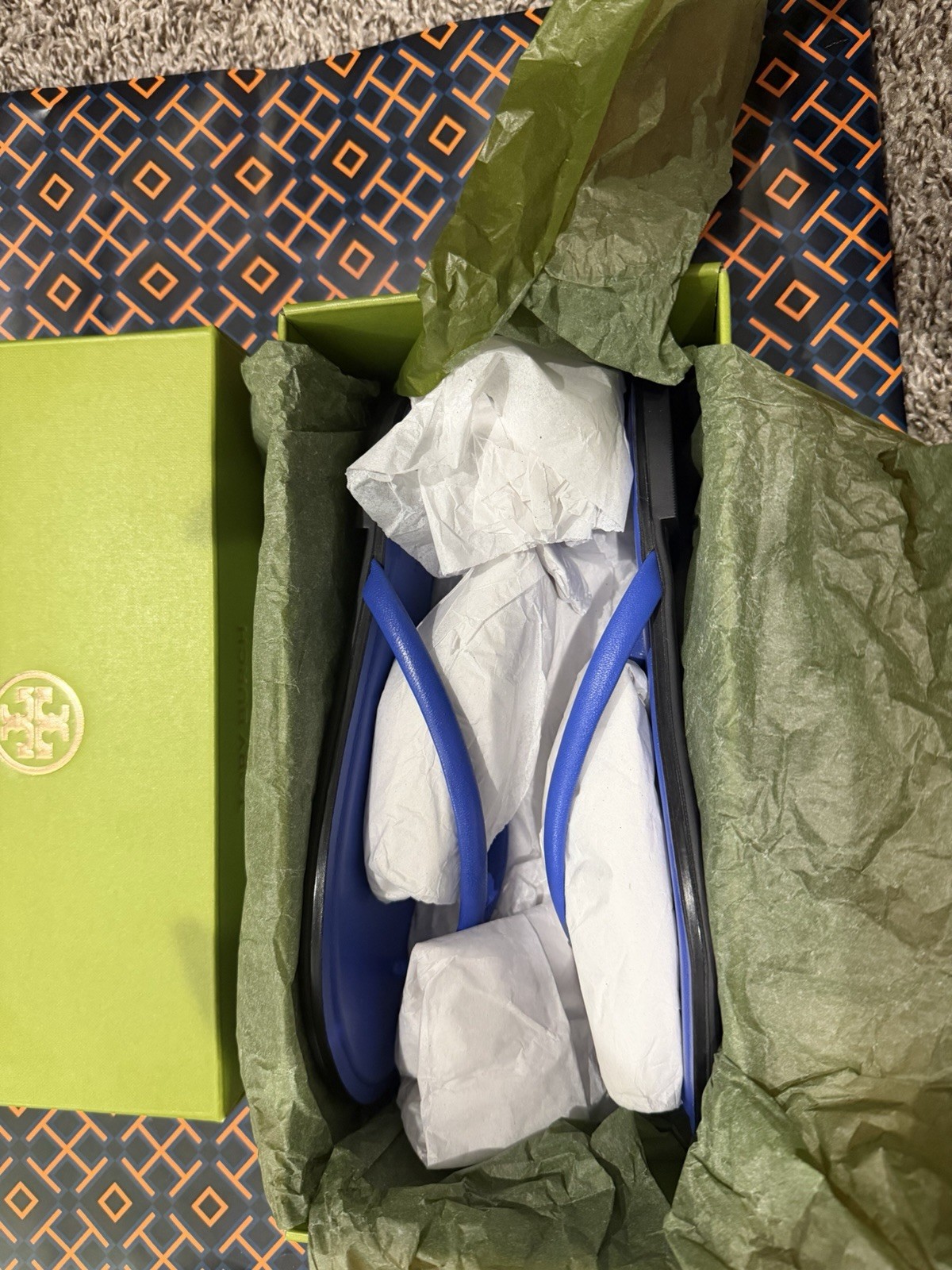Tory Burch Women’s Blue Logo Thong Slip-On Leather Sandals Rubber US 8