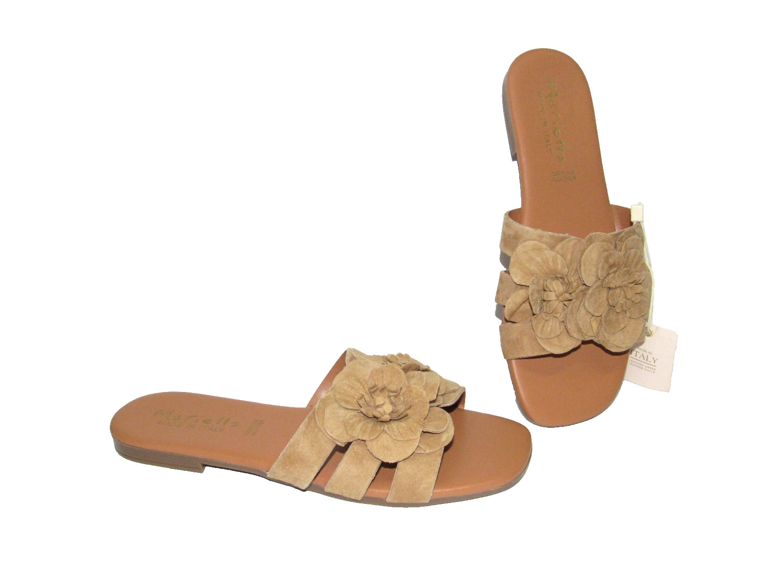Mariella ITALY Tan Suede Flower Cushioned Flat Slides Sandals Womens size 9.5 US