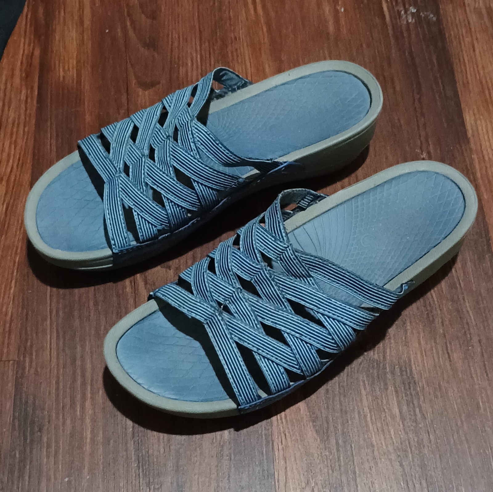 Baretraps Women’s Blue/Gray Striped Strap Slip-On Slide Wedge Sandals
