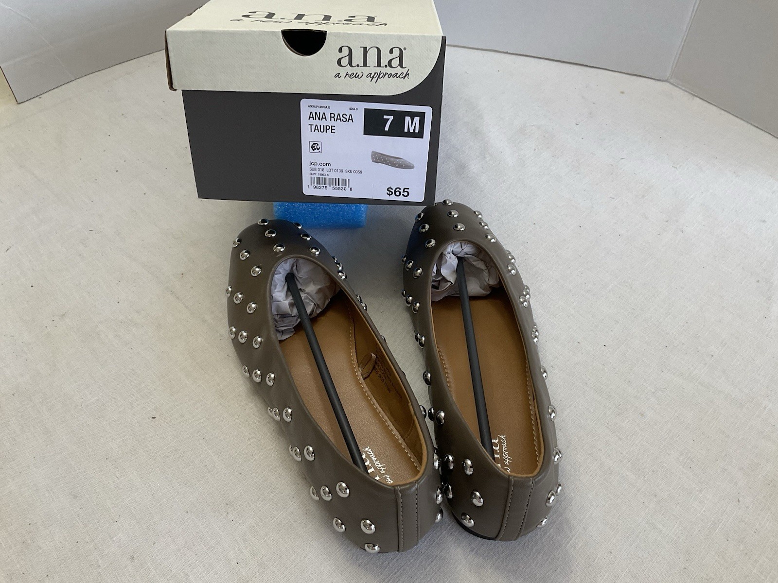 a.n.a. RASA Taupe Flats Silver Studs Size 7M Original Box Worn Once