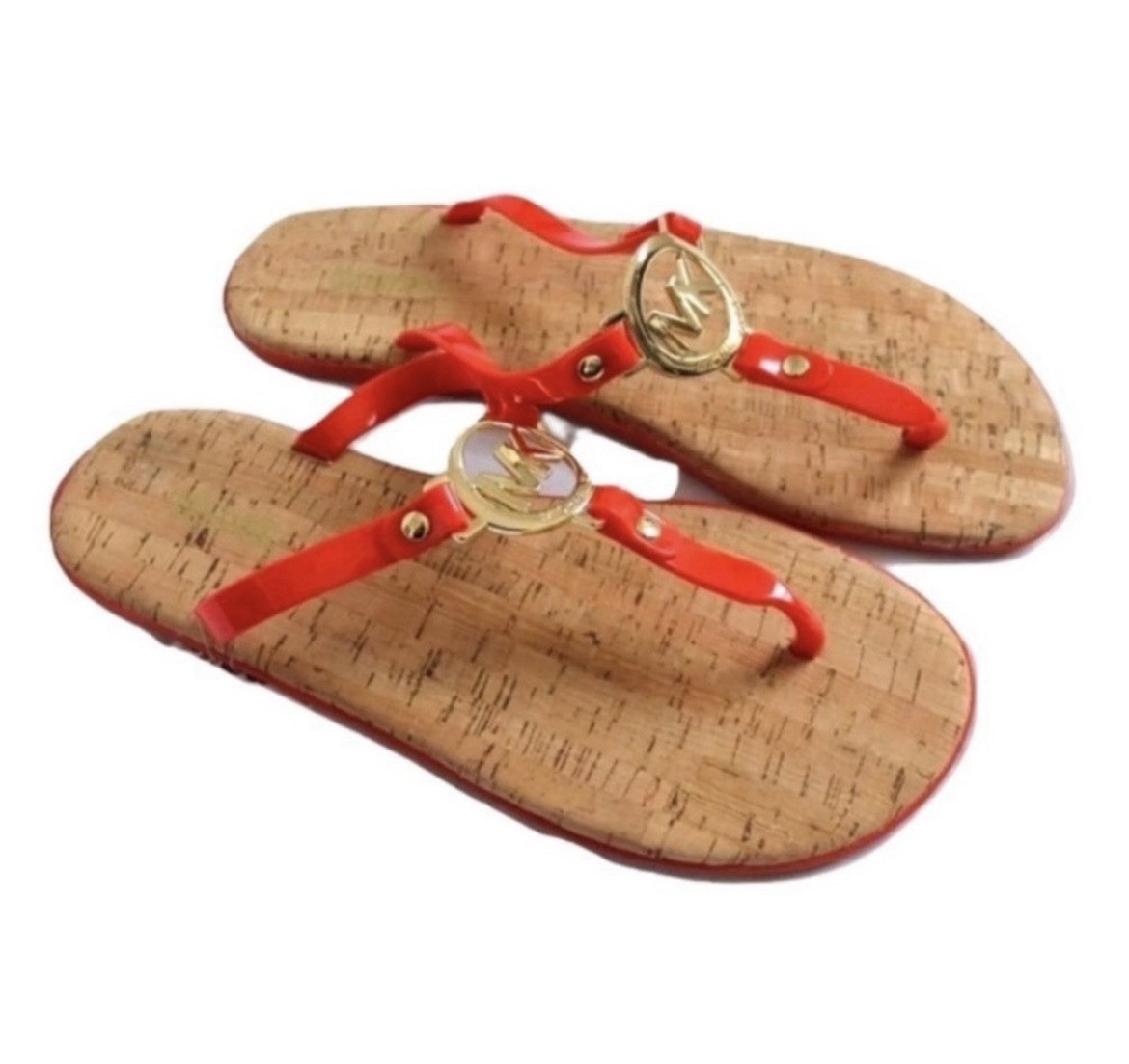 Michael Kors Orange Jelly Thong Sandals Cork Footbed Gold Logo Women’s 11