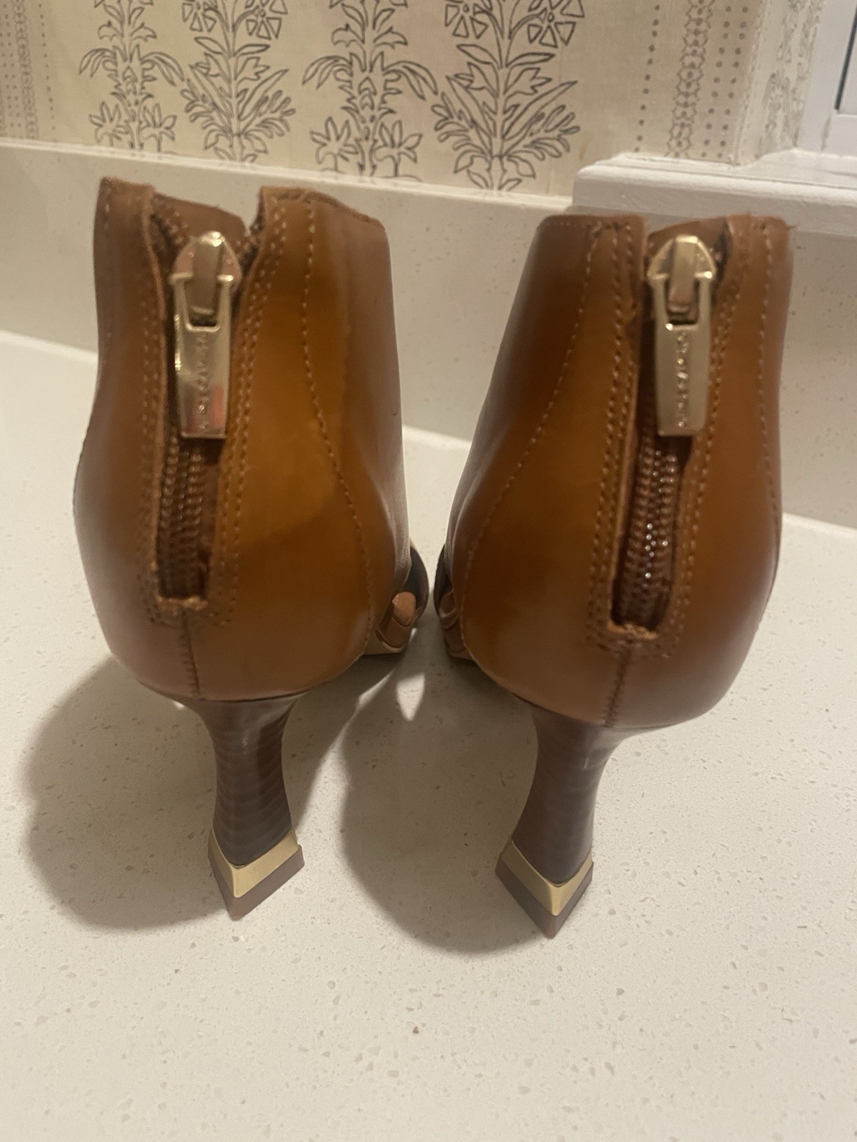 Vince Camuto Brown Leather Open Toe Square Toe Cone Heel Booties Zip Accent