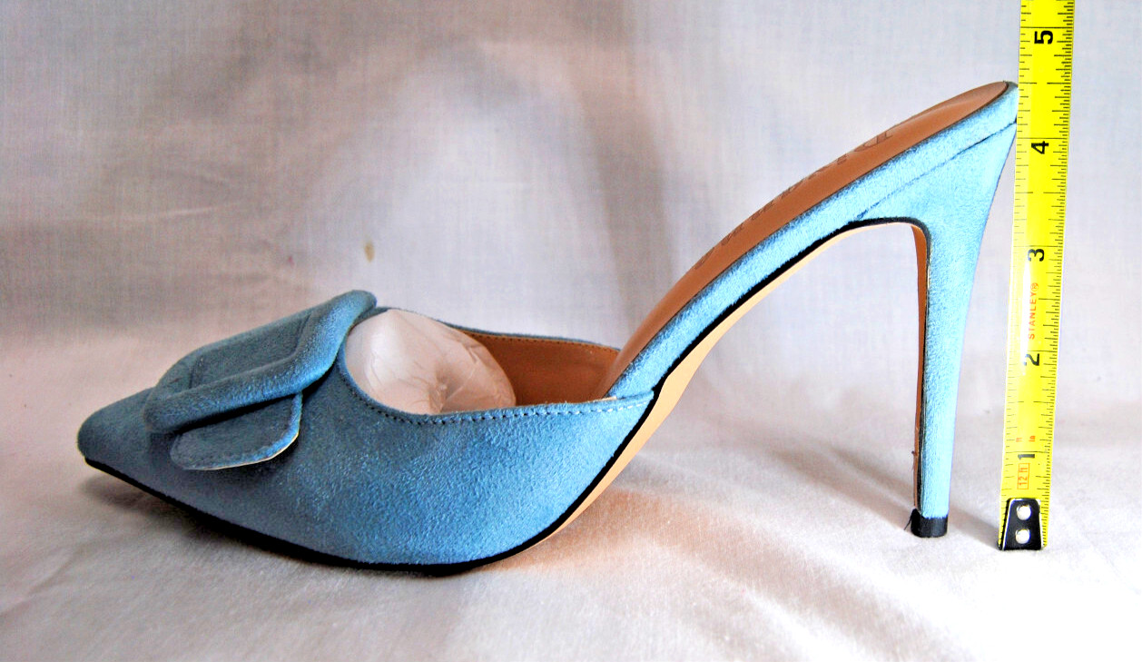 Divanne Women’s Buckle Backless Heeled Mules Pointed-Toe Blue Suede Shoes T2376