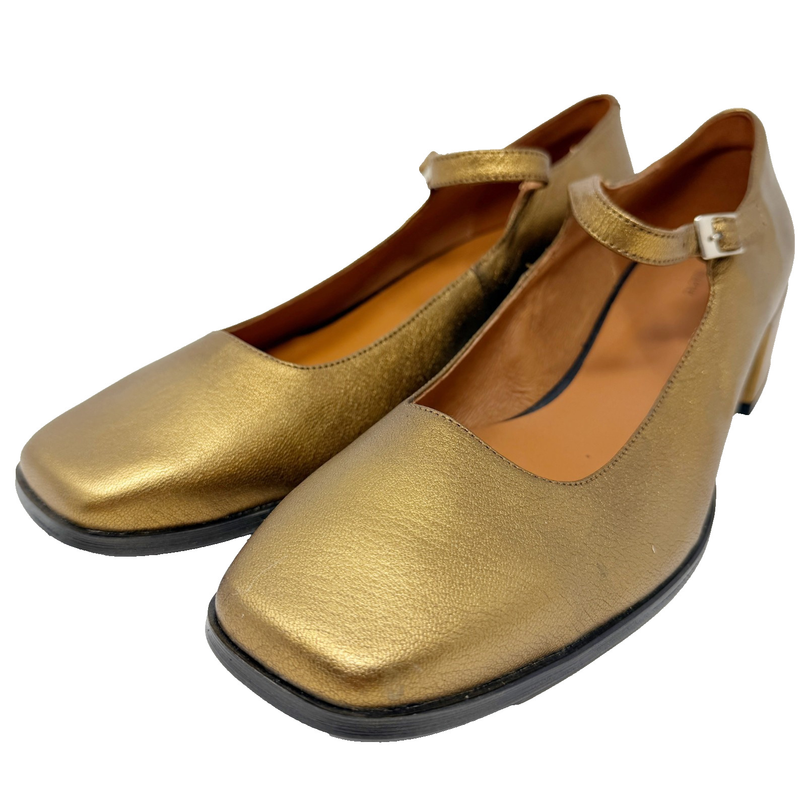 Anthropologie Maeve Gold Leather Mary Jane Pumps Size 40 EUR / 9 US NEW
