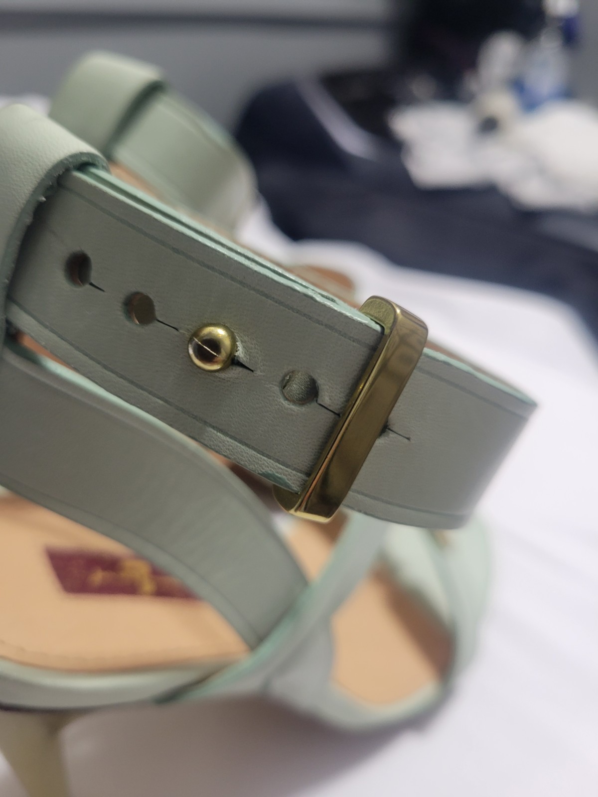 7 For All Mankind Mint Green Leather Gold Stilletto Heel Sandals Womens 7.5 M