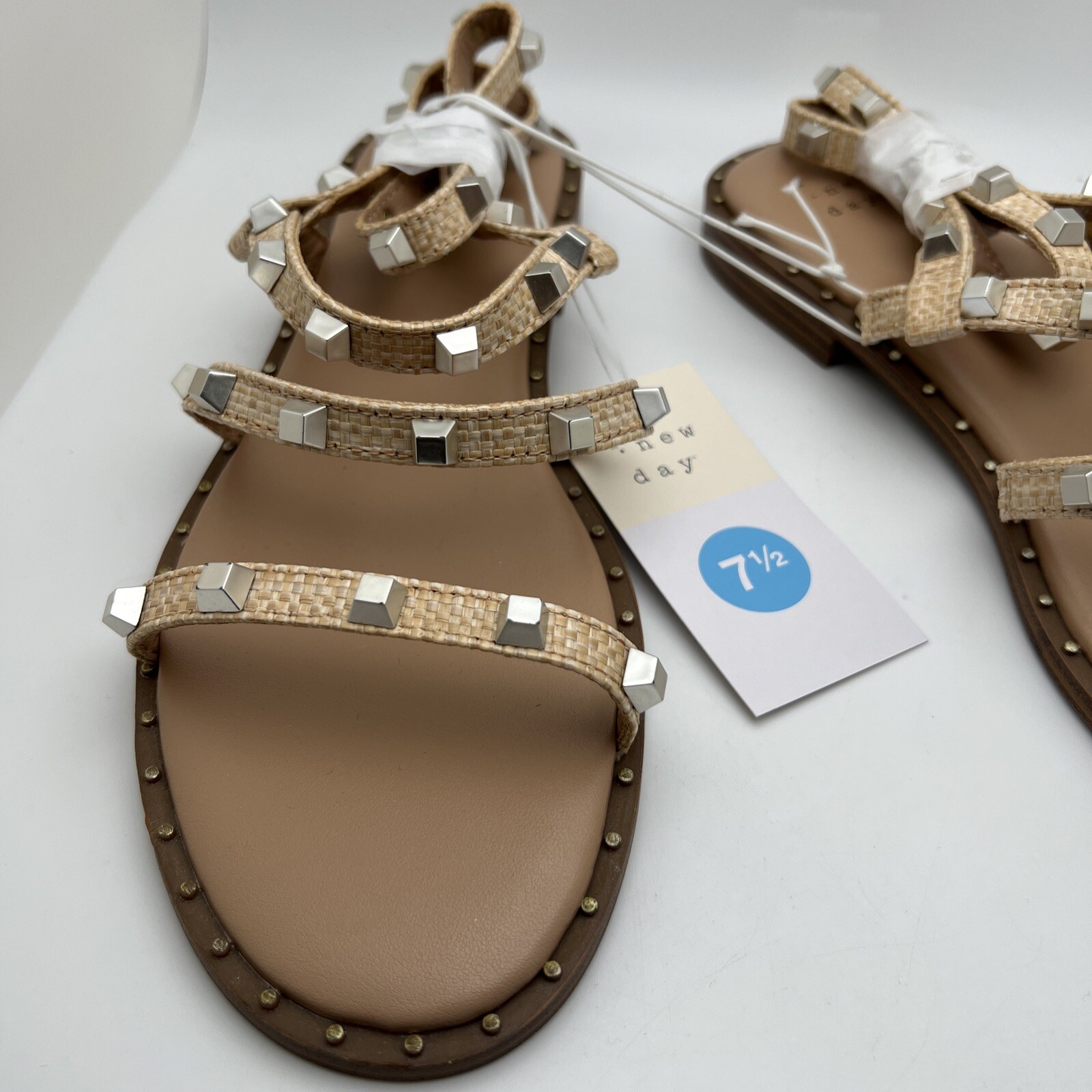 A New Day Womens Astrid Sandals Faux Leather Studded Ankle Strap Beige 7 1/2
