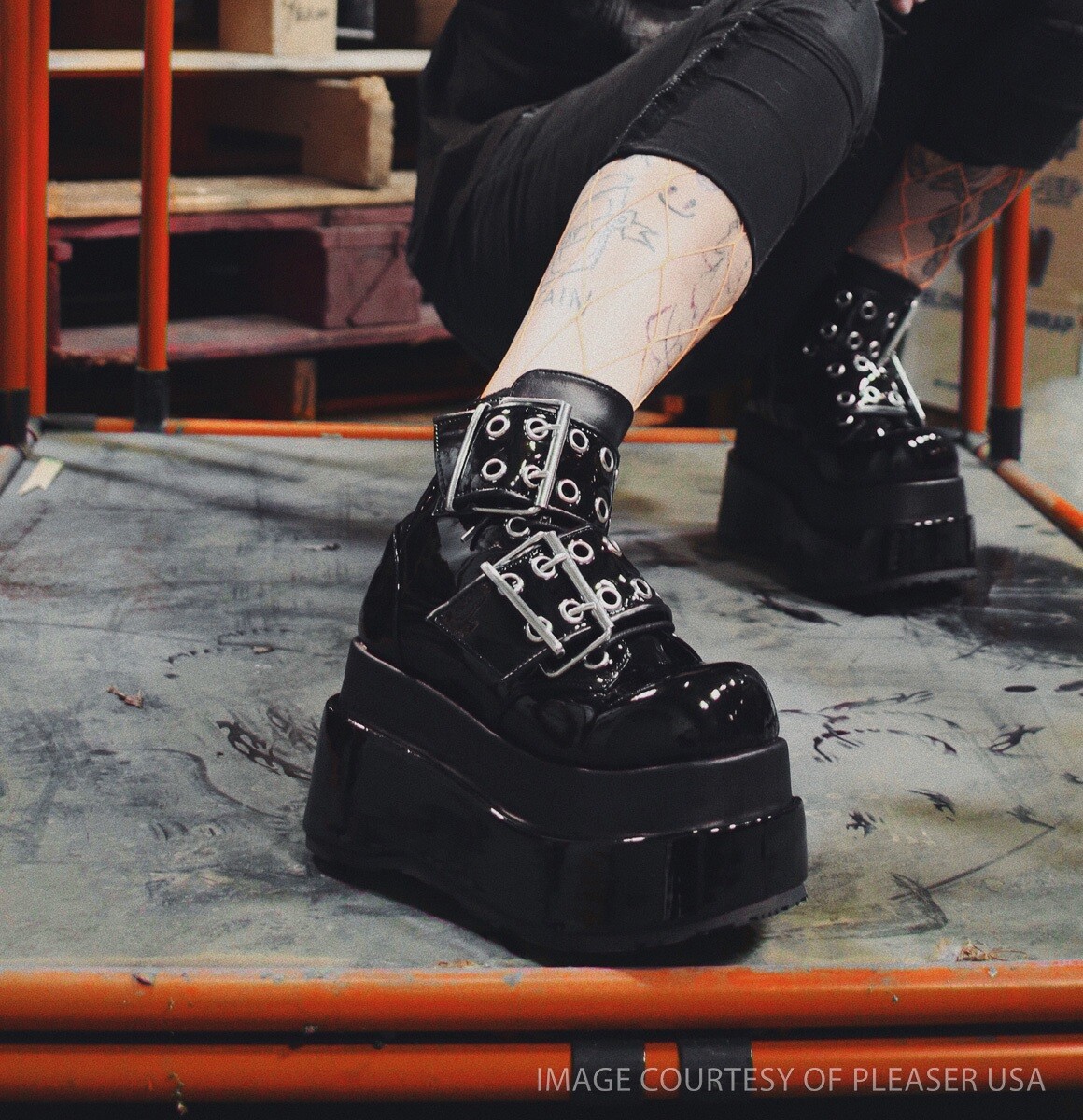 Black Patent Vinyl Gothic 90s Grunge Punk Platform Ankle Buckle Boots Demonia