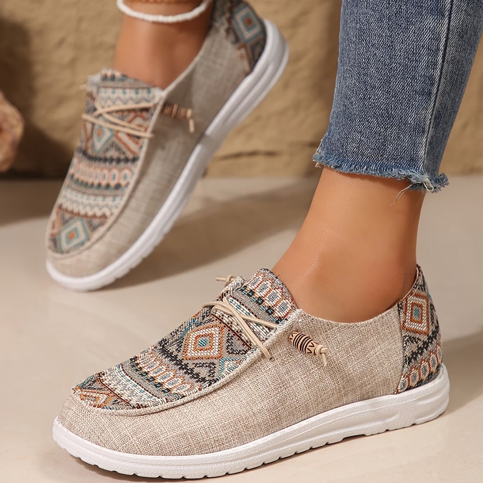 Women’s Outdoor Comfort Ethnic Print Casual Shoes Breathable Canvas Boat Shoes