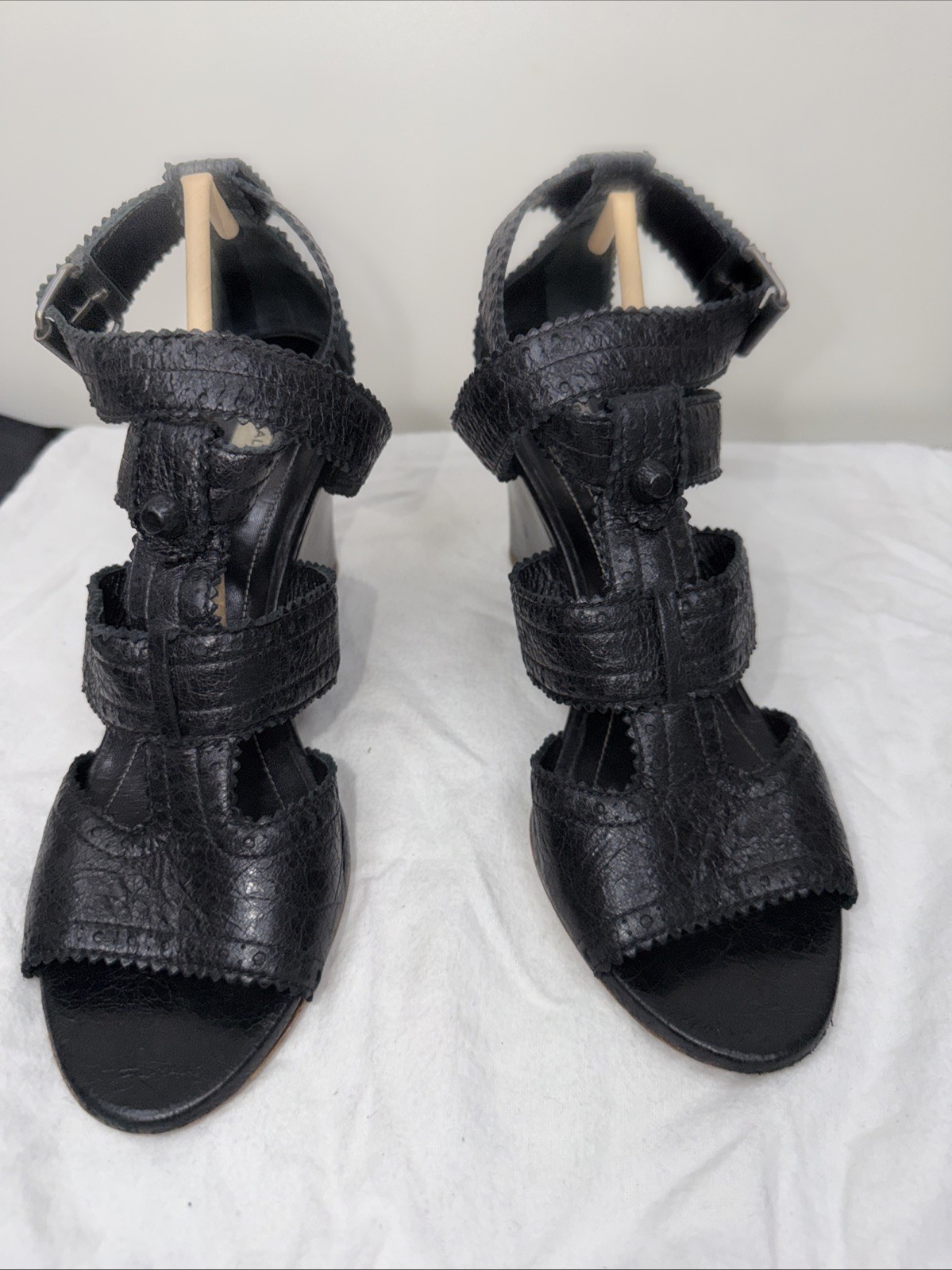 Balenciaga 39.5 Sandals Wedge Gladiator Caged Ankle Booties Covered Studs Poms
